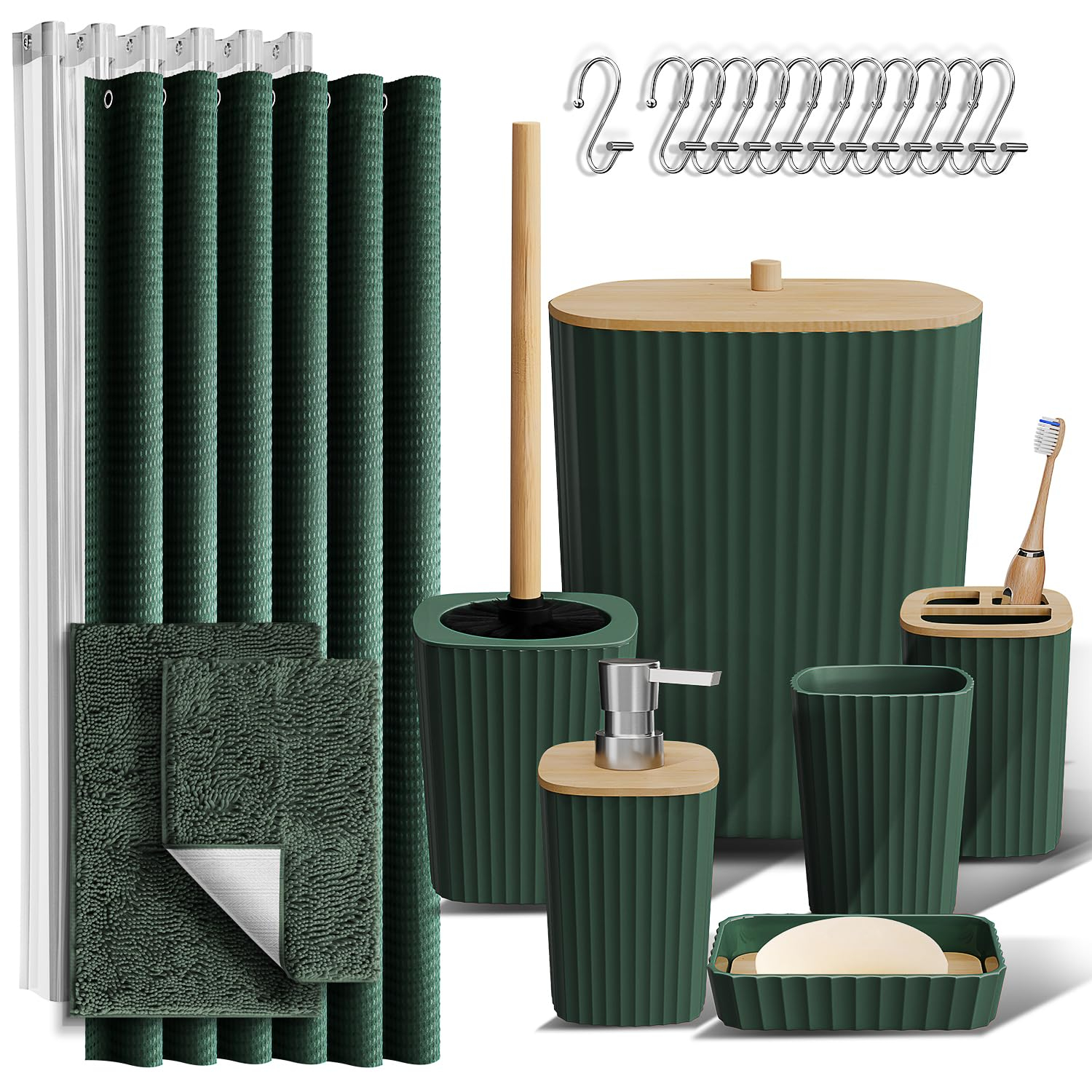 Hunter Green 22-Piece Waffle Texture Polyester Bathroom Accessories Set