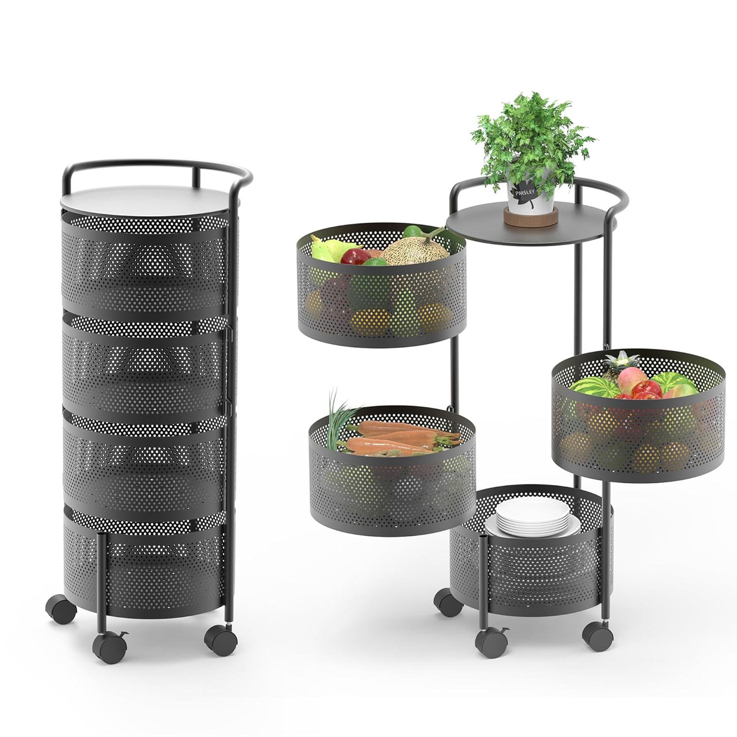 Rotating Kitchen Storage Rack No Assembly, 4-Tier Metal Storage Tower Basket Shelves Organizer on Rolling Wheels with Removal Drawers for Fruit Vegetable Grocery Corns Potato Onion (4-Tier, Black)