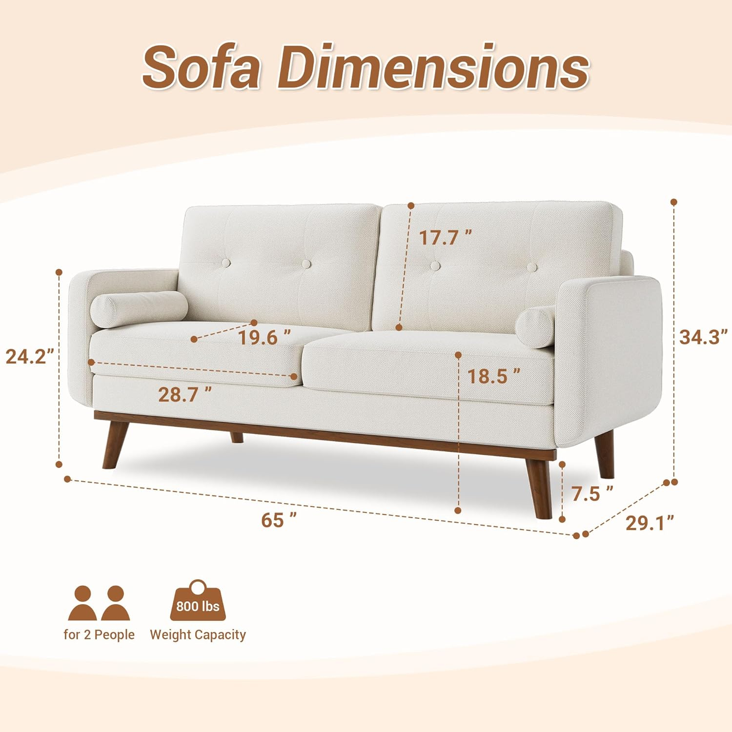 Beige Linen Upholstered Mid Century Modern Loveseat Sofa