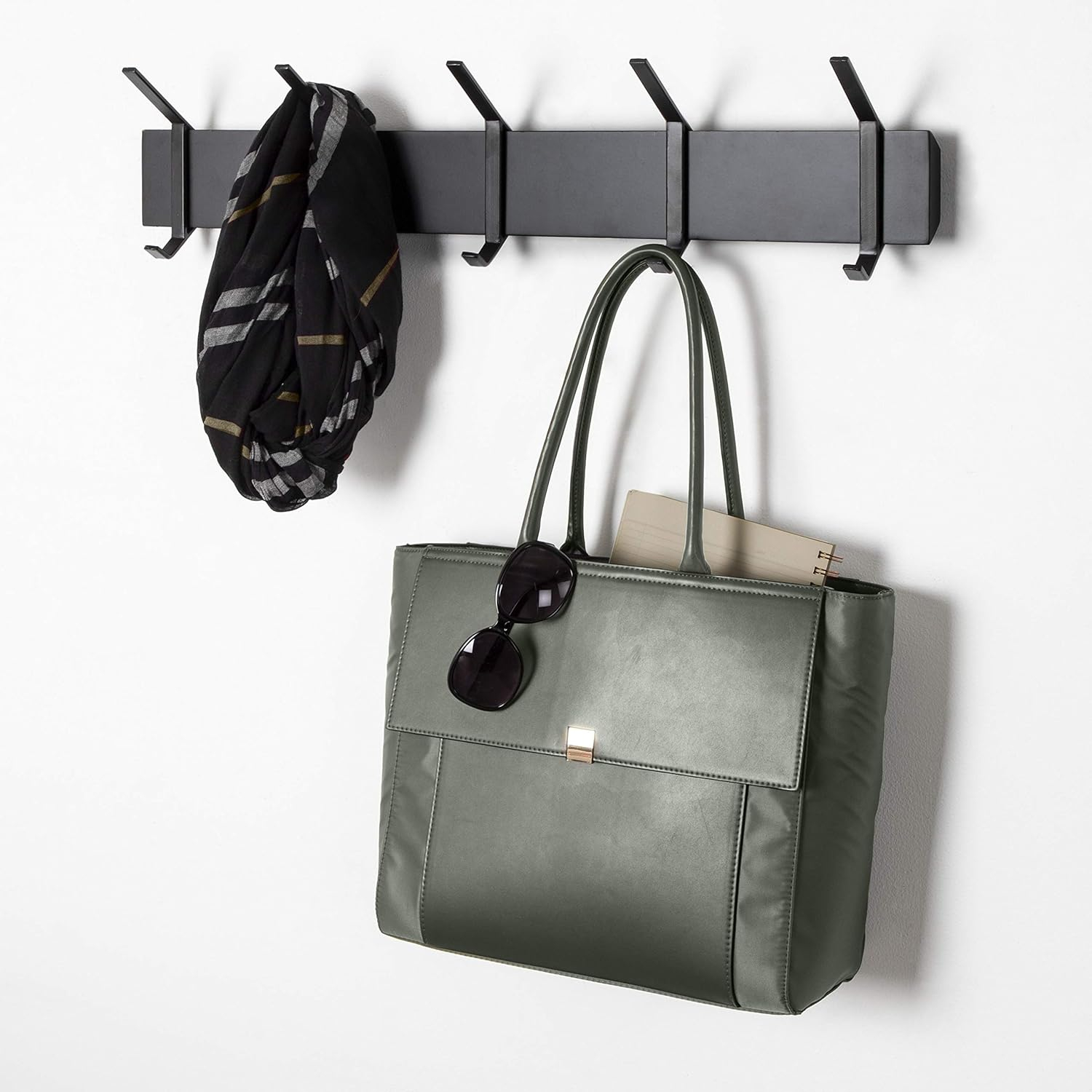 Black Wood and Metal 5-Hook Wall Shelf