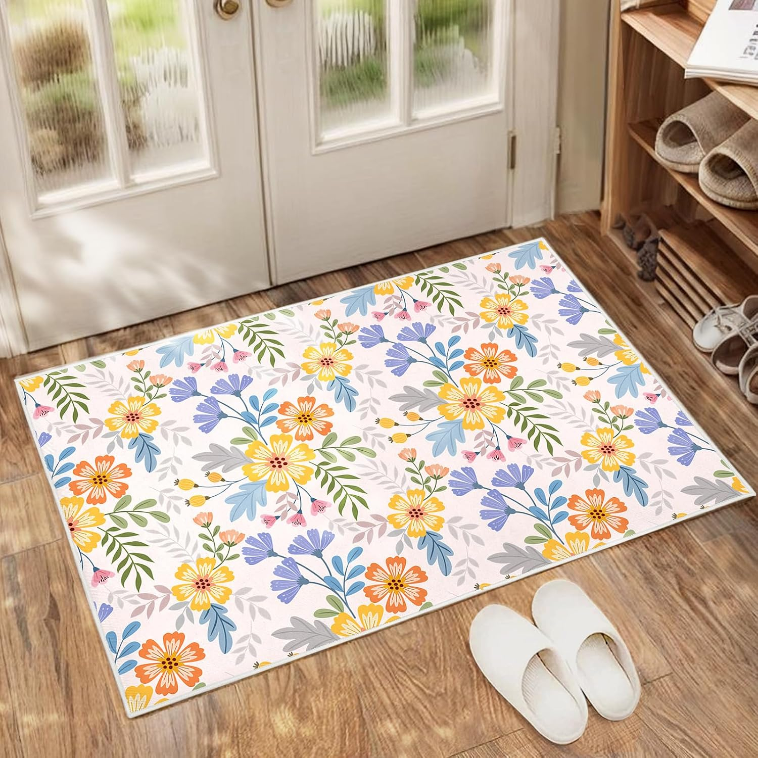 Boho Floral Small Area Rug Entryway Rug Doormat 2x3 Rug Machine Washable Non-Slip Low Pile Throw Rugs for Indoor Front Entryway, Kitchen, Bathroom, Entry,Kids Room-Purple
