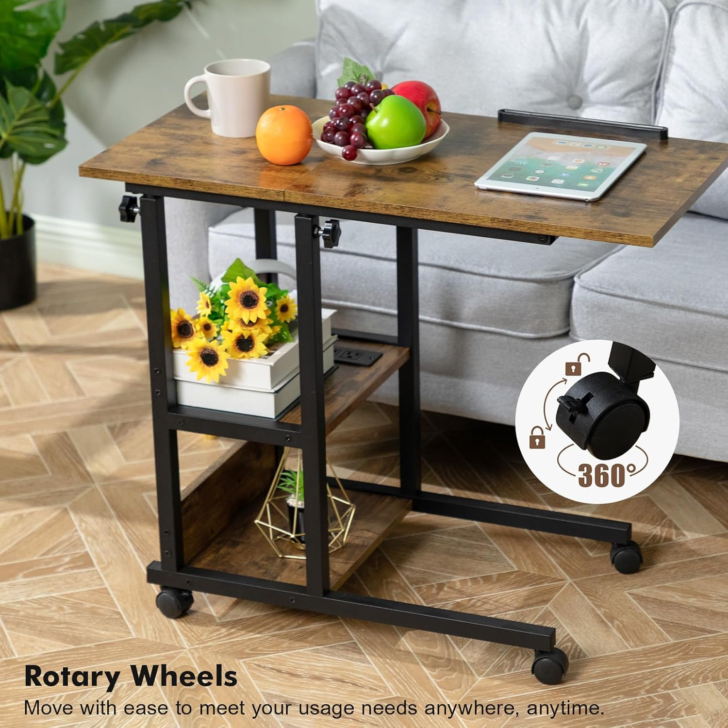 Hadulcet Adjustable C Table with Charging Station, Tiltable Desk C Shaped End Table for Couch, Over Bed Table with Wheels Adjustable Height, Hospital Table Laptop Stand Drawing Desk, Rustic Brown