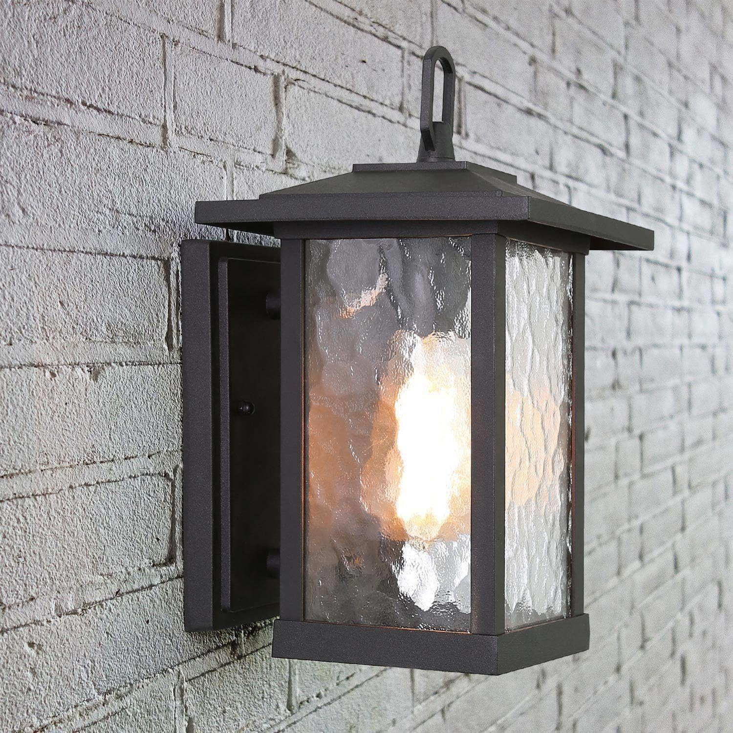 LOG BARN Black Outdoor Wall Light Fixture, Modern Farmhouse Rectangular Porch Lights Outdoor Wall Mount with Water Ripple Glass, Waterproof Outside Exterior Sconce Lights for House, Front Door, Garage