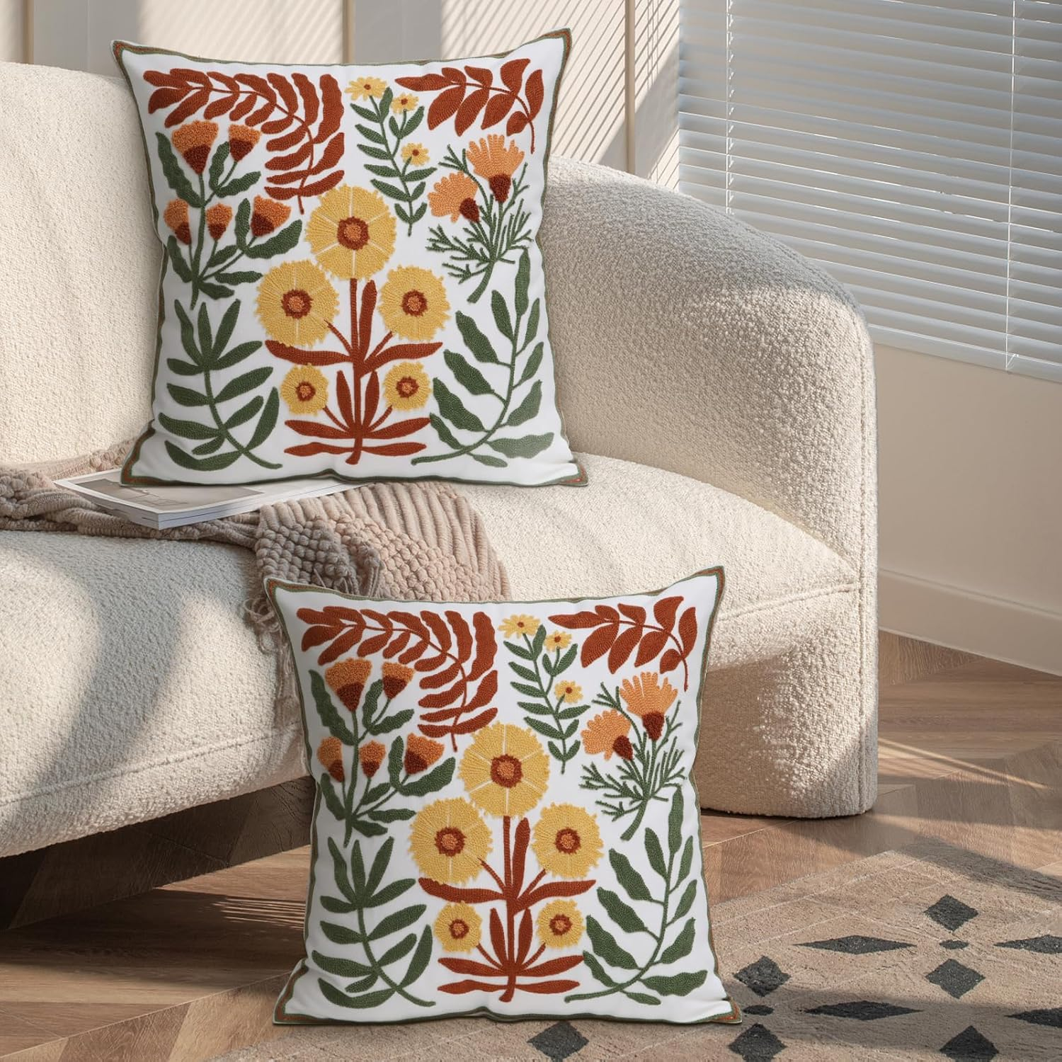 Set of 2 Embroidered Decorative Throw Pillow Covers Couch Square Pillowcases Cushion for Bedroom Sofa Farmhouse Decor 18x18 Inch (Dandelion Flower)