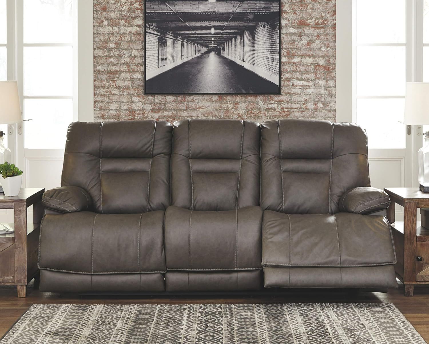 Signature Design by Ashley Wurstrow Leather Power Reclining Sofa in Smoke
