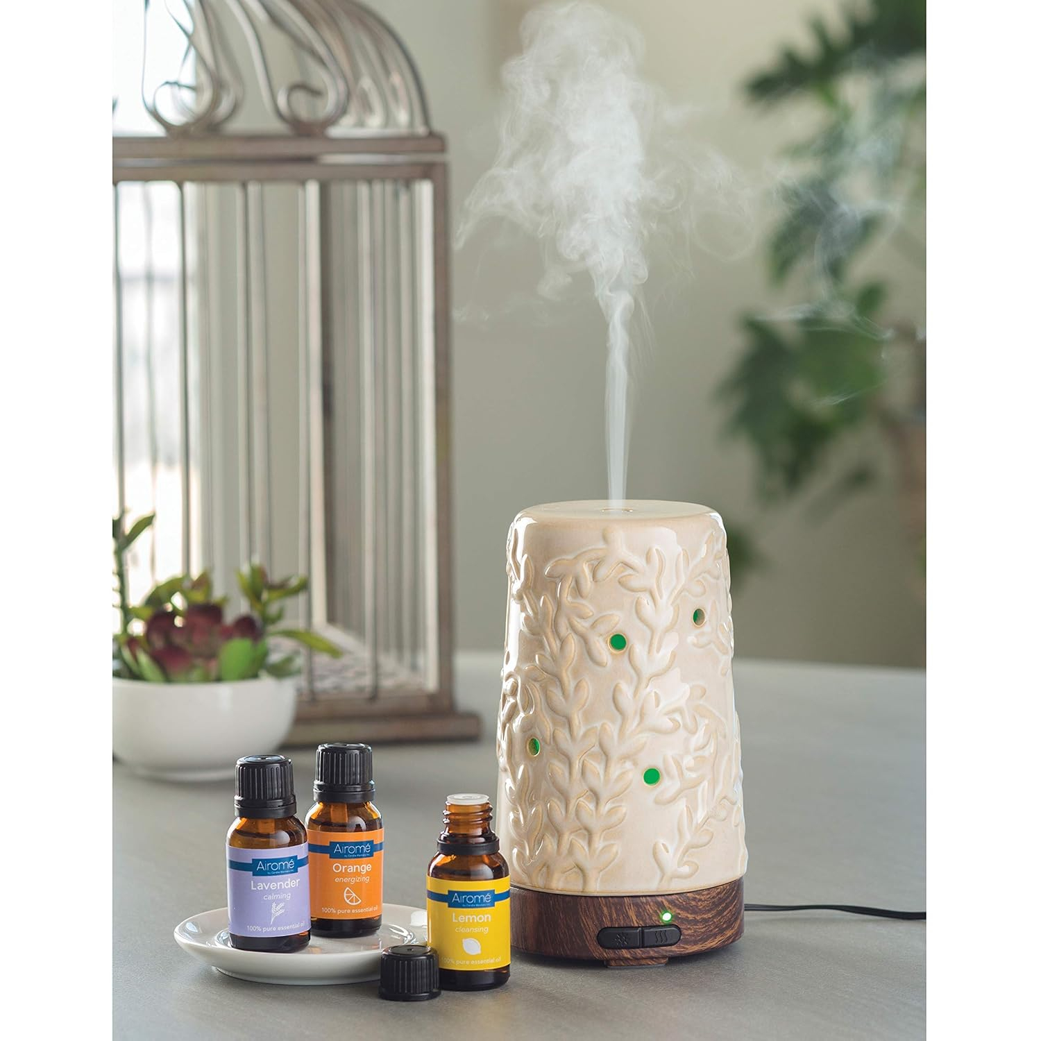 Airome 100 mL Ultrasonic Essential Oil Diffuser, Flourish, Cream ceramic