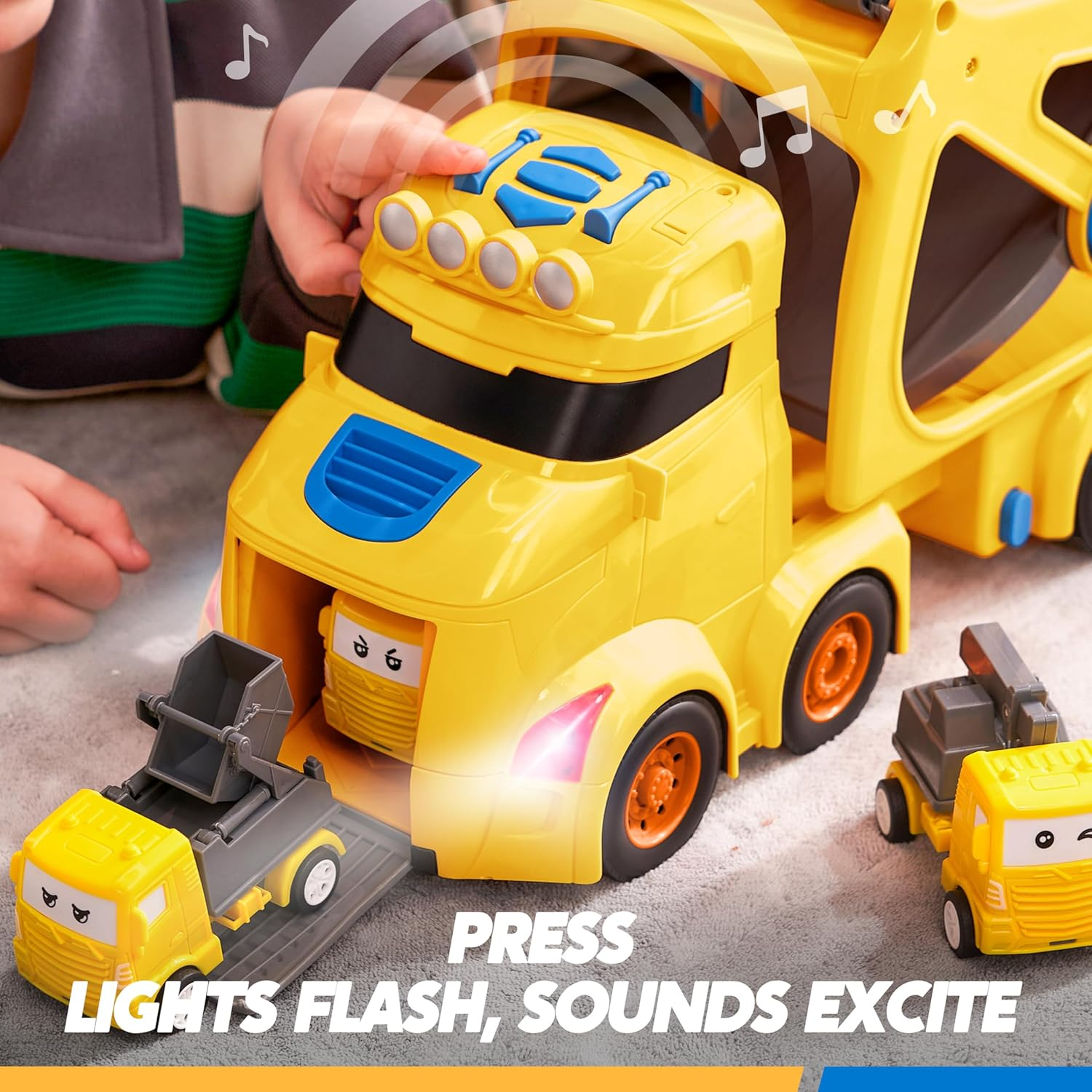 Extra Large Toy Cars for Toddlers, 3-Layer Construction Trucks for 2 3 4 Year Old Boys, 7-in-1 Big Transport Vehicle Carrier Truck with Siren & Lights and 6 Toy Cars, Birthday Gifts for Boys Kids