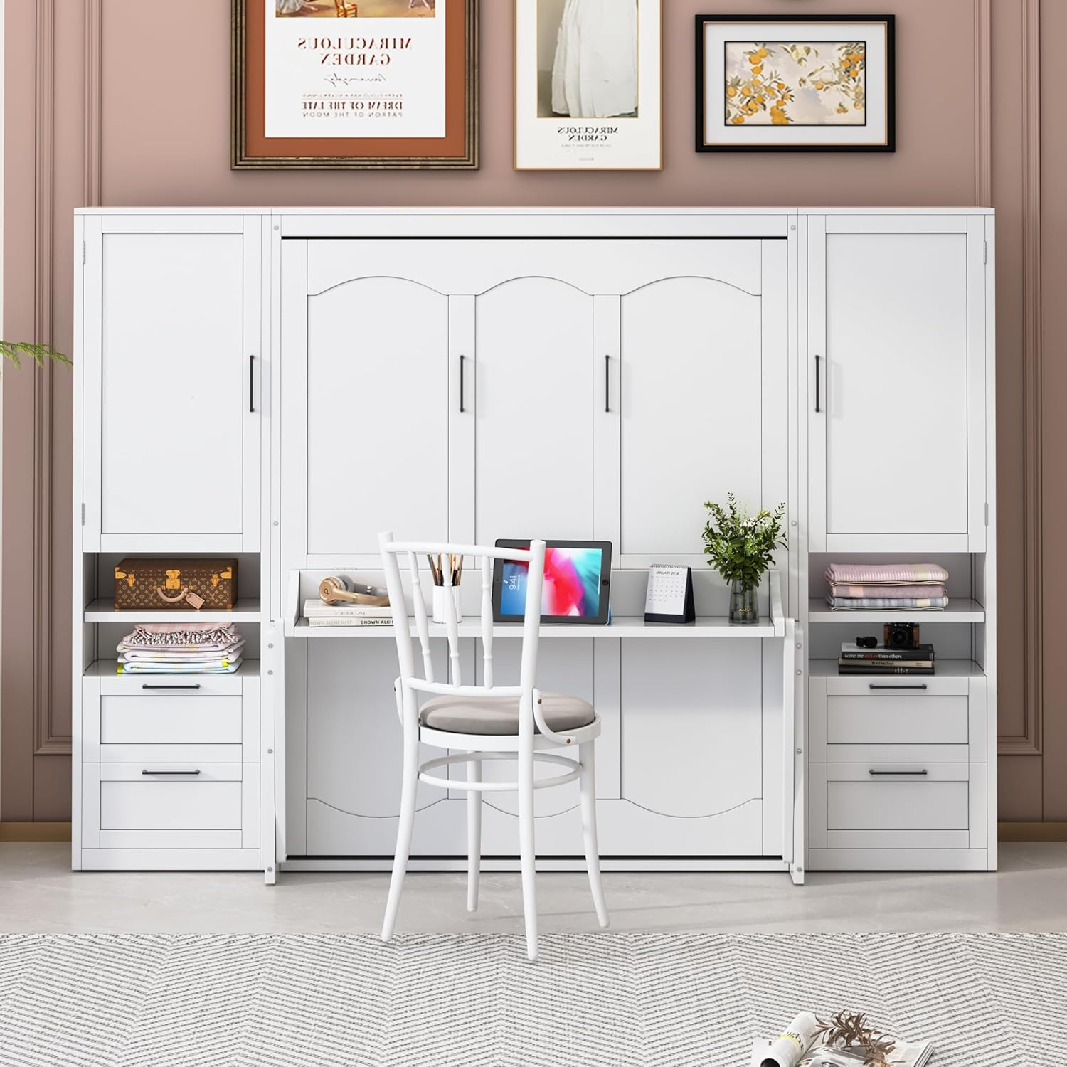 Harper & Bright Designs Queen Size Murphy Bed, Wooden Queen Wall Bed with Closet, Drawers and Shelves, White