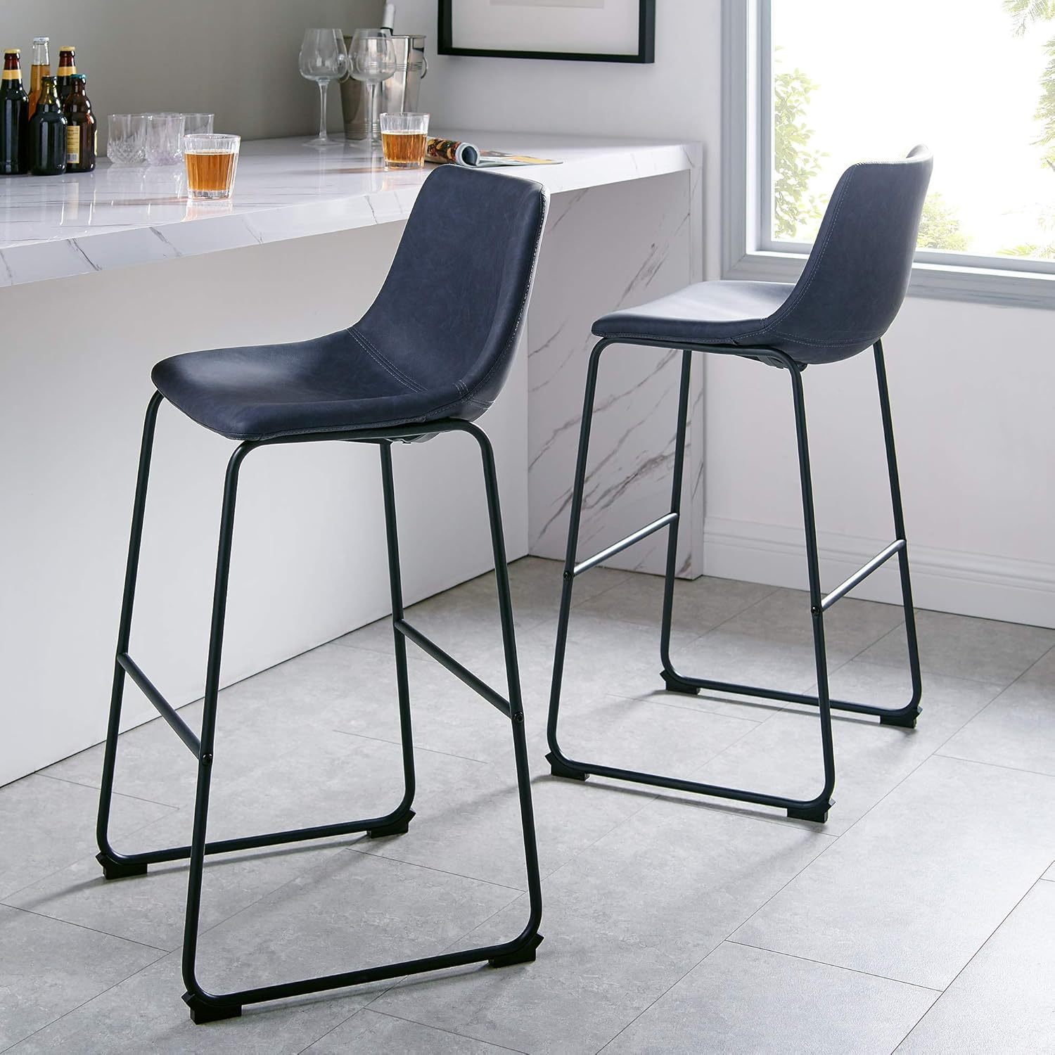 Walker Edison Douglas Urban Industrial Faux Leather Armless Bar Chairs, Set of 2, Navy Blue