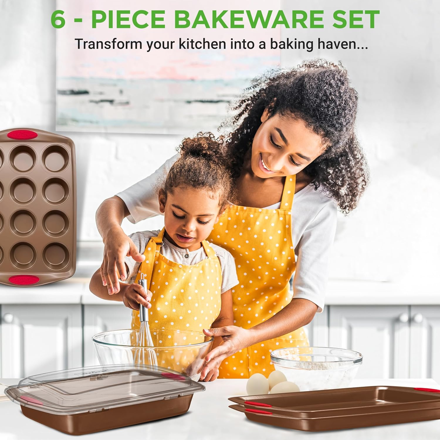 NutriChef 6-Piece Baking Pan Set Flexible Nonstick Golden Coating Carbon Steel Bakeware, Gold