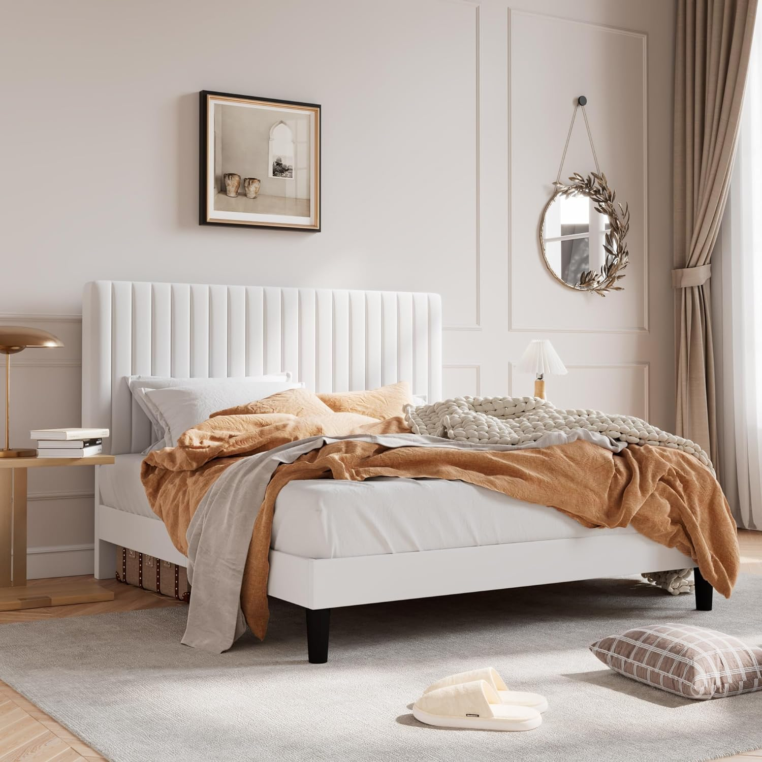 SHA CERLIN Full Upholstered Platform Bed Frame with Vertical Channel Tufted Velvet Fabric Adjustable Headboard, Wooden Slats Support, Mattress Foundation, Box Spring Optional, White