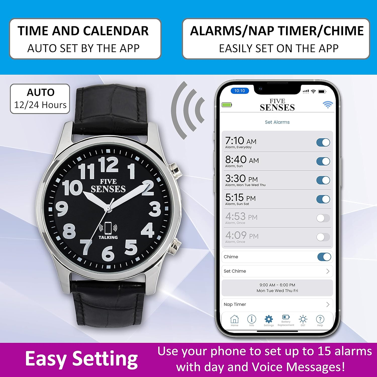 FIVE SENSES Jumbo Smart Atomic Talking Watch with Voice Reminders and App Control for Seniors and Visually Impaired - Great Gift for Blind Men and Women. Metal Talking Watches for The Blind (Black)
