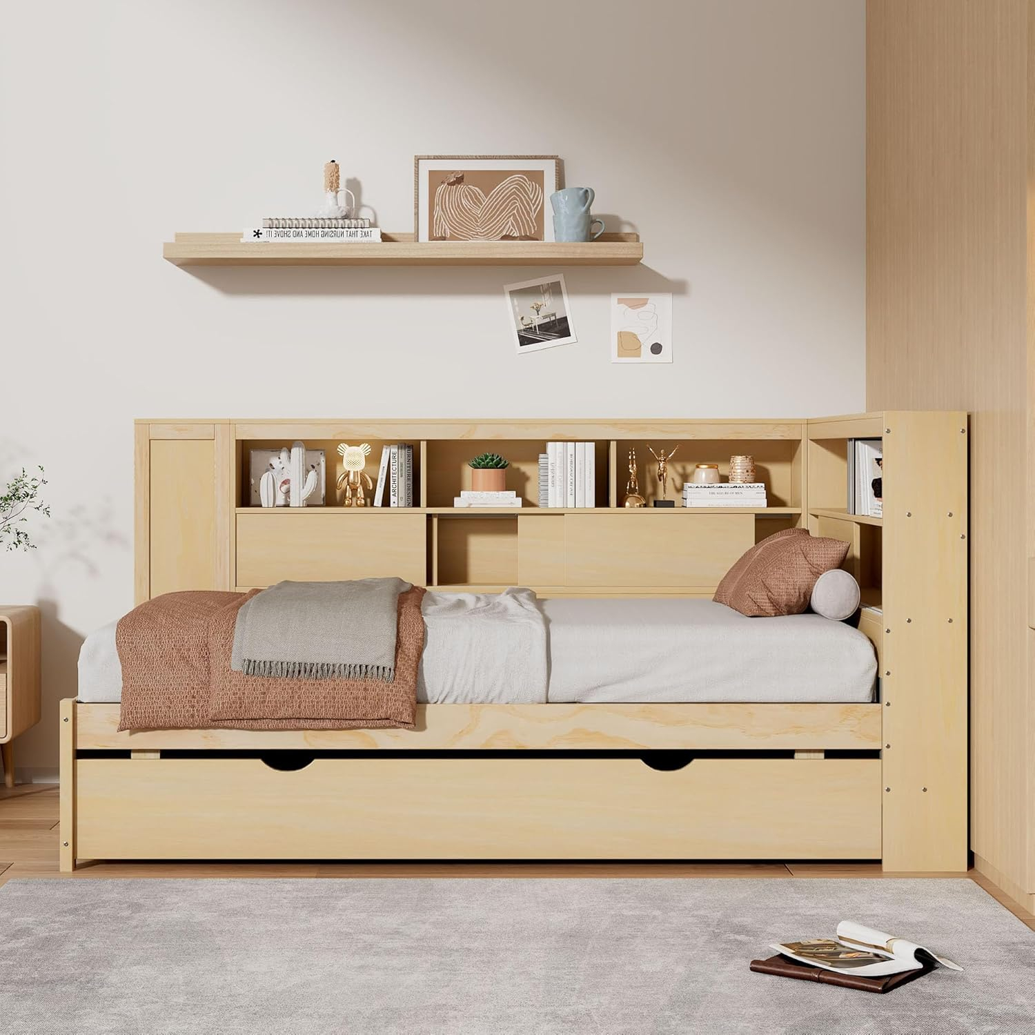 Harper & Bright Designs Twin Size Daybed with Trundle & Bookcase, Wood L-Shaped Daybed with Storage Headboard, USB Ports, Twin Platform Bed Frame with Storage Shelves for Bedroom Living Room, Natural