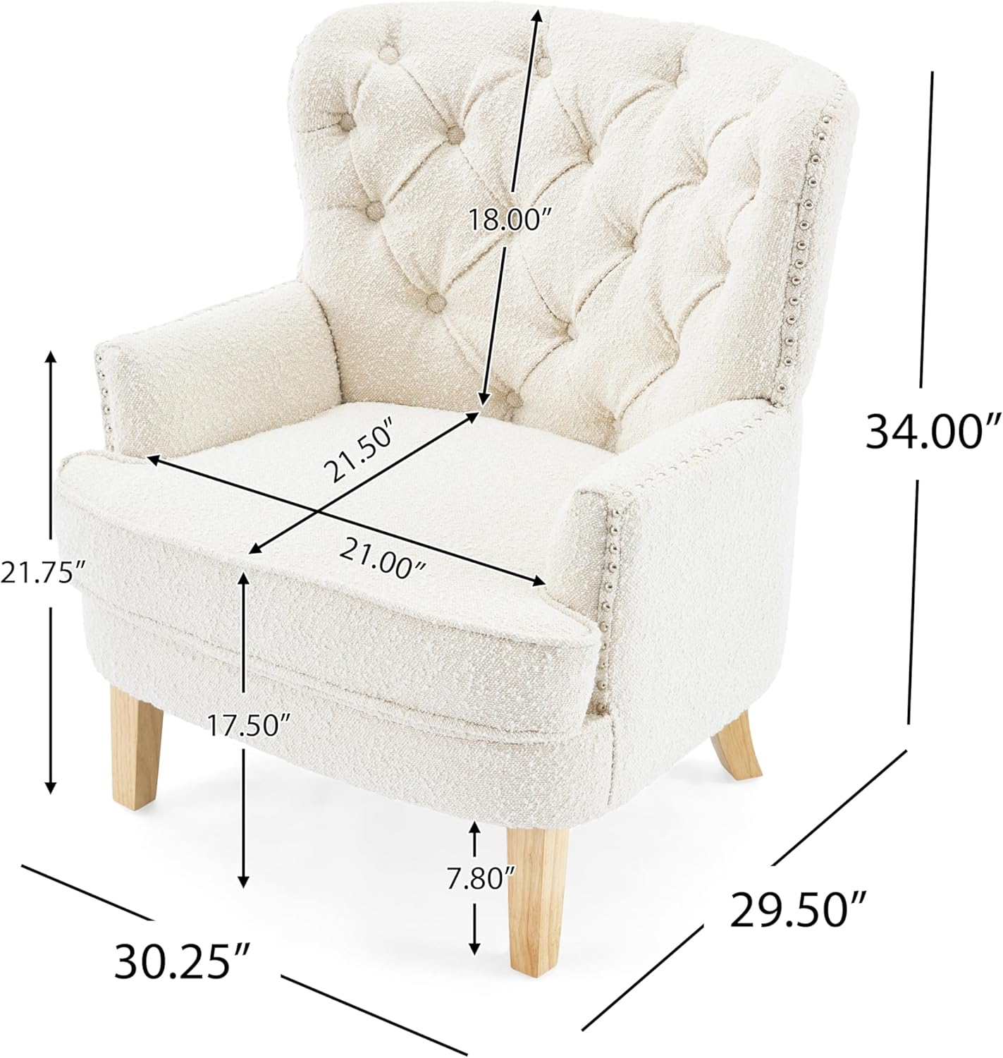 Handcrafted White Boucle Barrel Accent Chair with Oak Legs