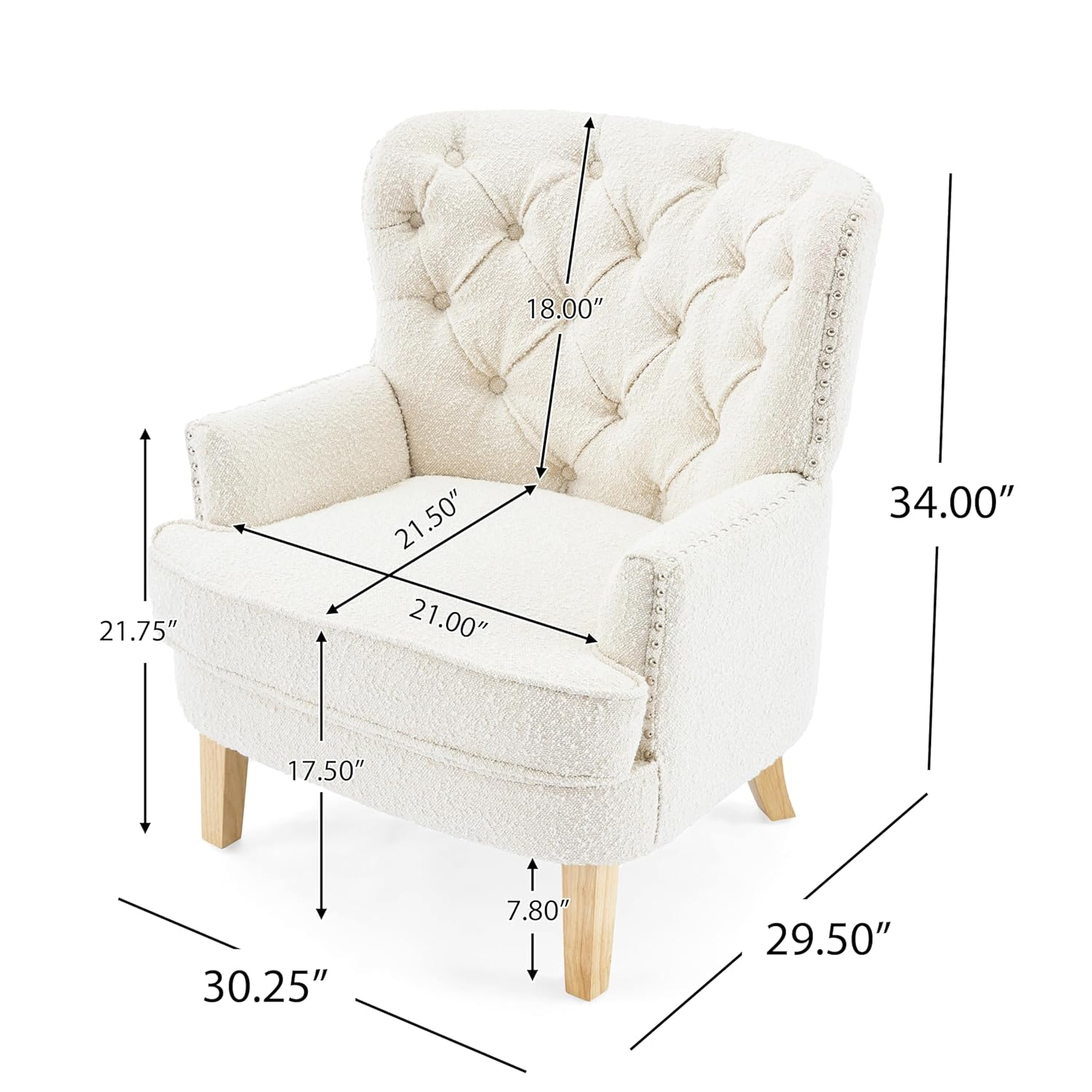 Christopher Knight Home Kingston Mid Century Accent Chair, Boucle Fabric Arm Chair, Upholstered Club Chair, Tufted Sofa Chair, Single Reading Sofa for Living Room, Home Rest, White + Oak