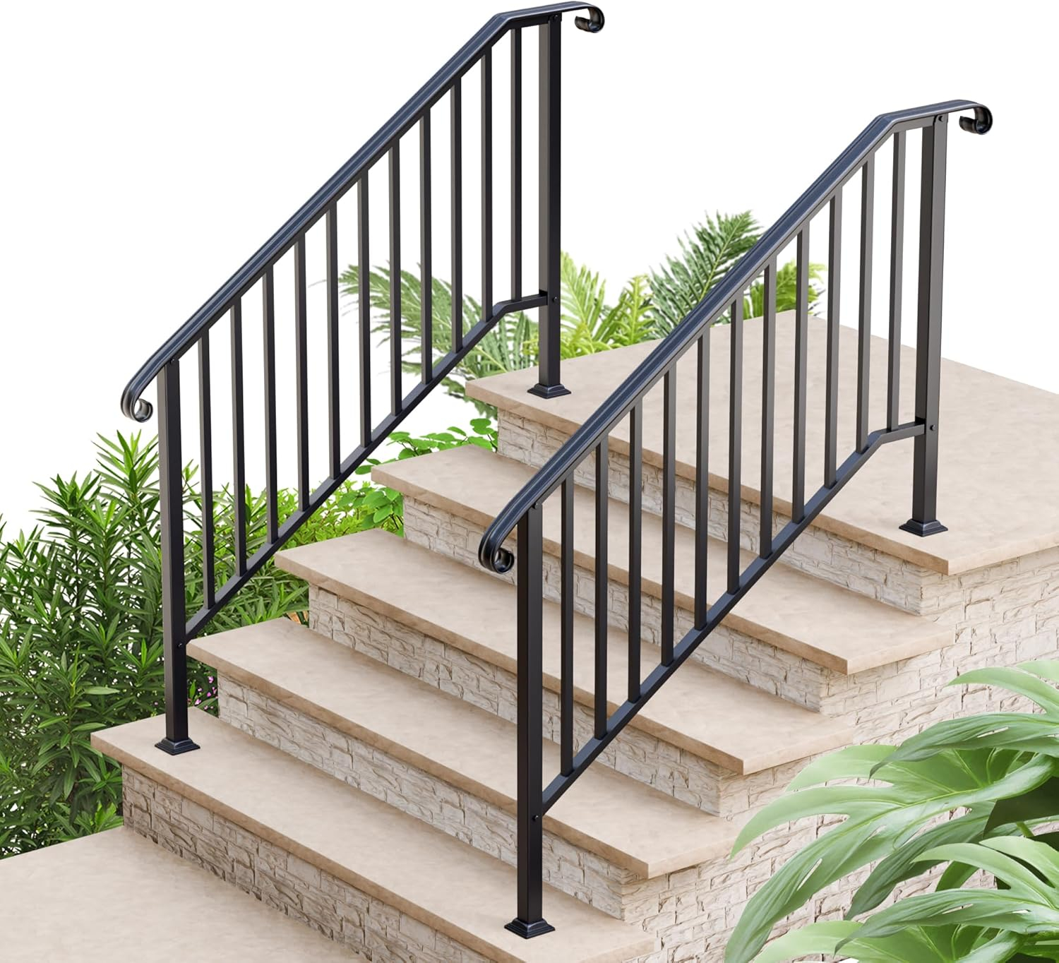 2 Pack 5 Step Handrails for Outdoor Steps, Wrought Iron Stair Railing Fits 4 or 5 Steps, Metal Hand Rail with Installation Kit, Staircase Handrails for Concrete, Porch, Deck, Exterior Steps, Black