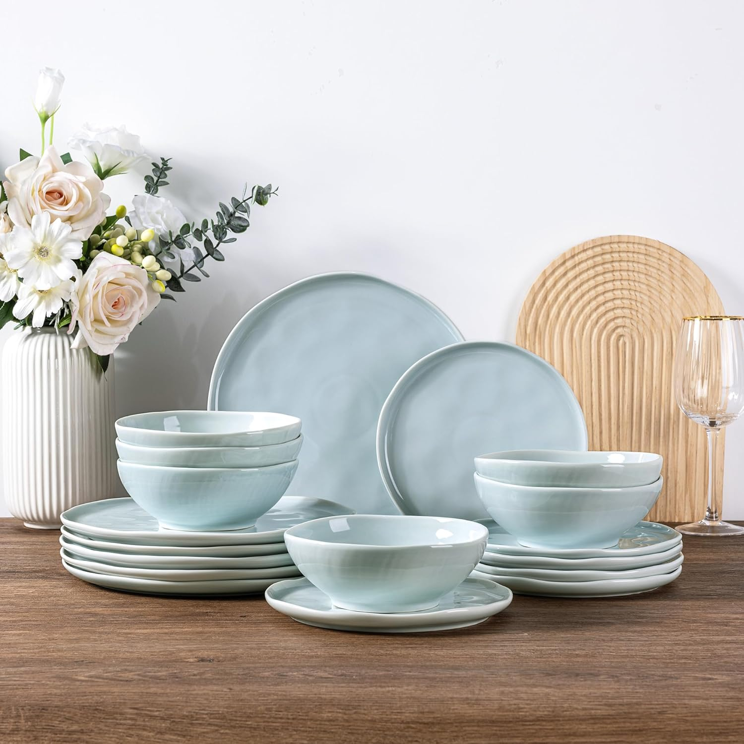 Hokku Designs Ceramic Dinnerware Sets For 6,Plates And Bowls Sets With Wavy Edge,Microwave & Dishwasher & Oven Safe,Light Weight & Scratch Resistant Dishes Sets-Service For 6 (18Pcs)-Light Jean Blue