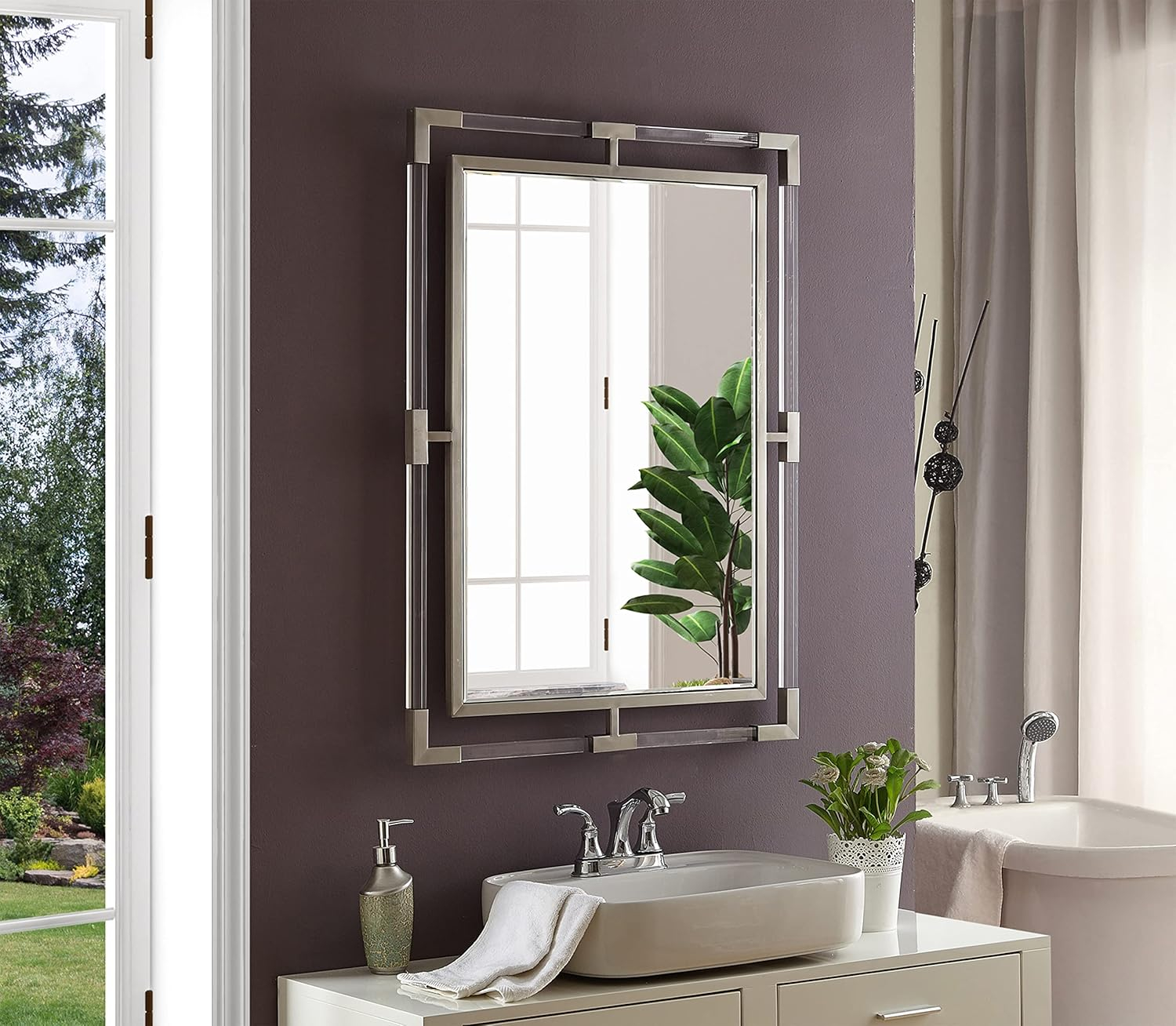Elegant Rectangular Mirror in Brushed Silver and Gold Accents