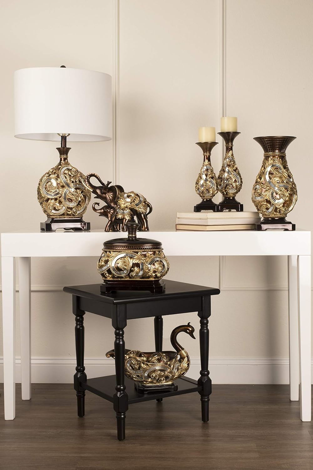 Daliyah Gourd-Shaped Hand Painted Decorative Vase with Mirrored Accents