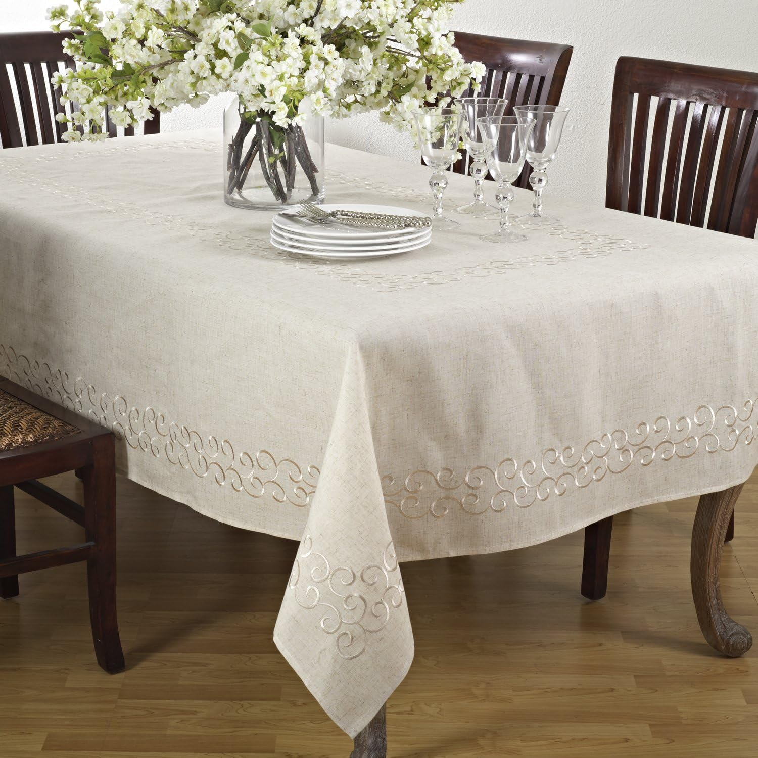 SARO 493.N67104B 67 x 104 in. Rectangular Embroidered Swirl Design Linen Blend Tablecloth - Natural