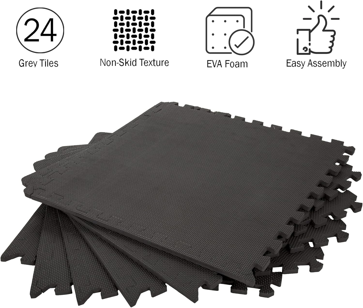 EVA Foam Mat Tiles 24-Pack - 96 SQ FT of Interlocking Padding for Garage, Playroom, or Gym Flooring - Exercise Mat or Baby Playmat by Stalwart (Black)