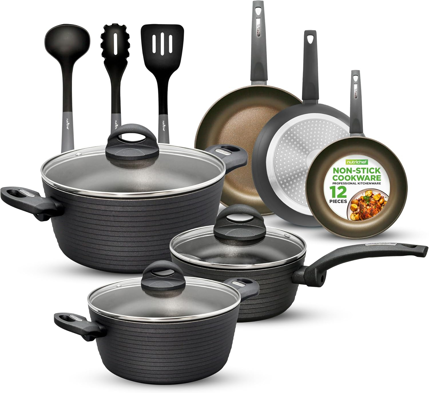 NutriChef 12-Piece Nonstick Kitchen Cookware Set - Professional Hard Anodized, Includes Saucepan, Frying Pans, Cooking Pots, Dutch Oven Pot, Lids, Utensils - NCCW12S, Black
