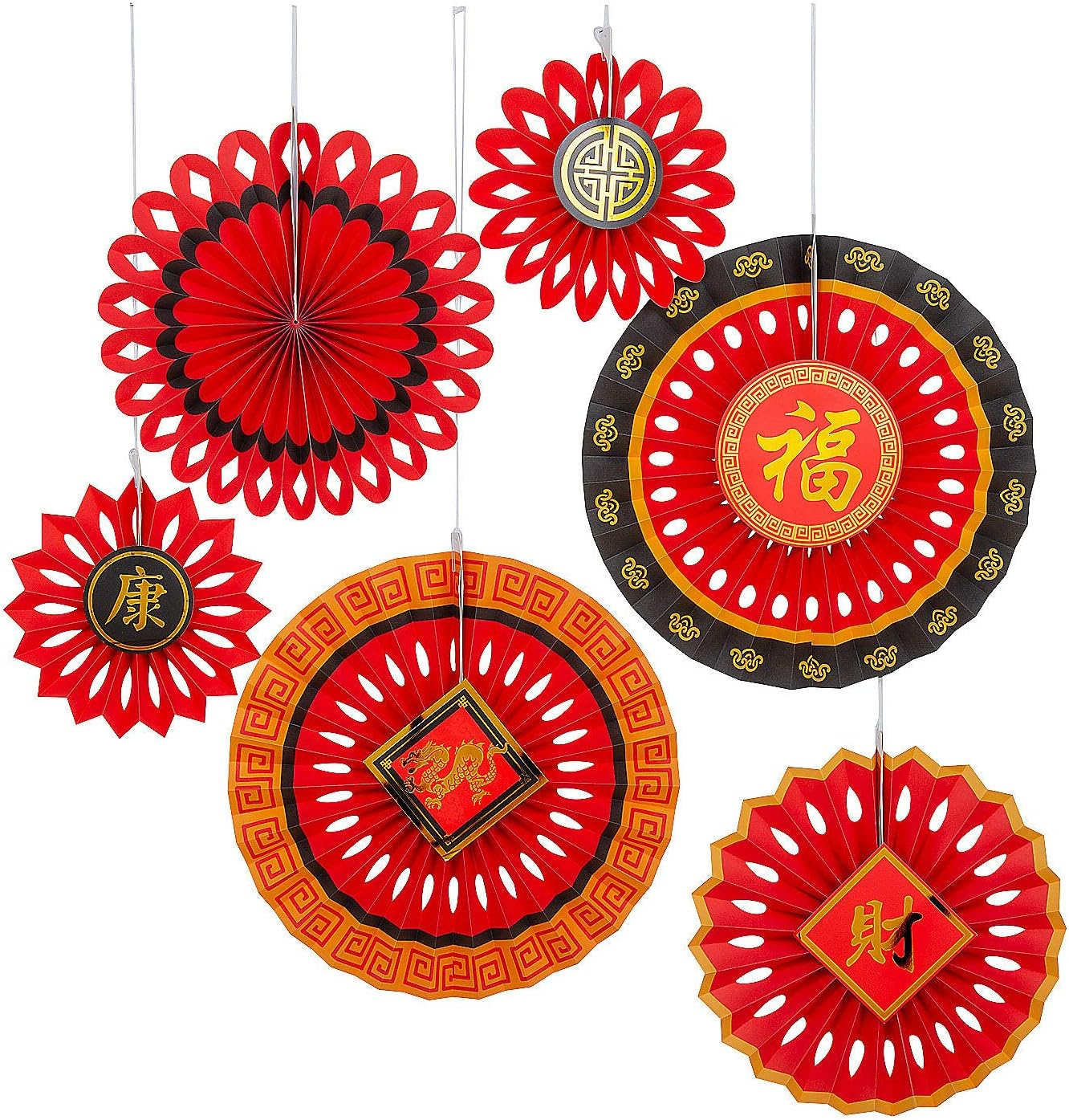 Fun Express Chinese New Year Tissue Hanging Fans, 6 Pieces, Multicolor