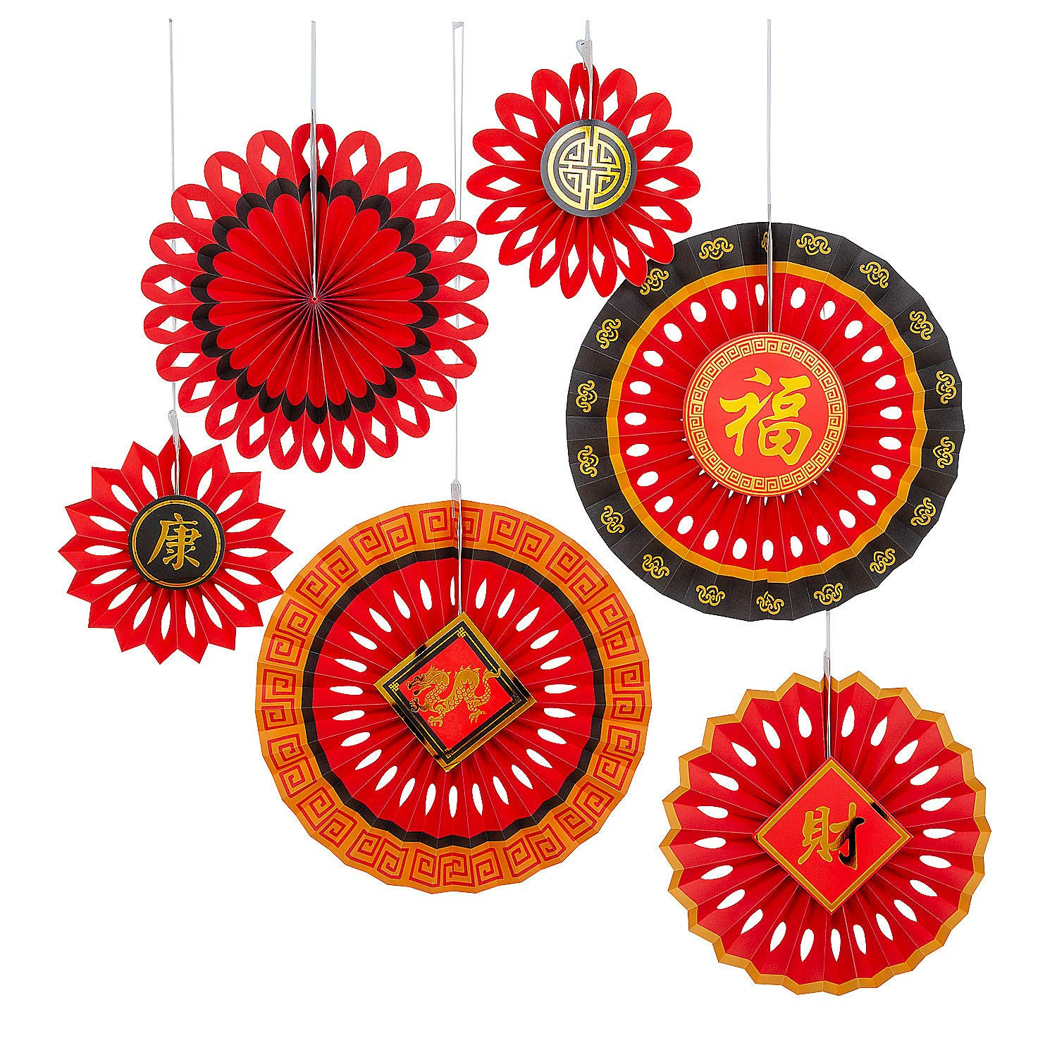 Fun Express Chinese New Year Tissue Hanging Fans, 6 Pieces, Multicolor