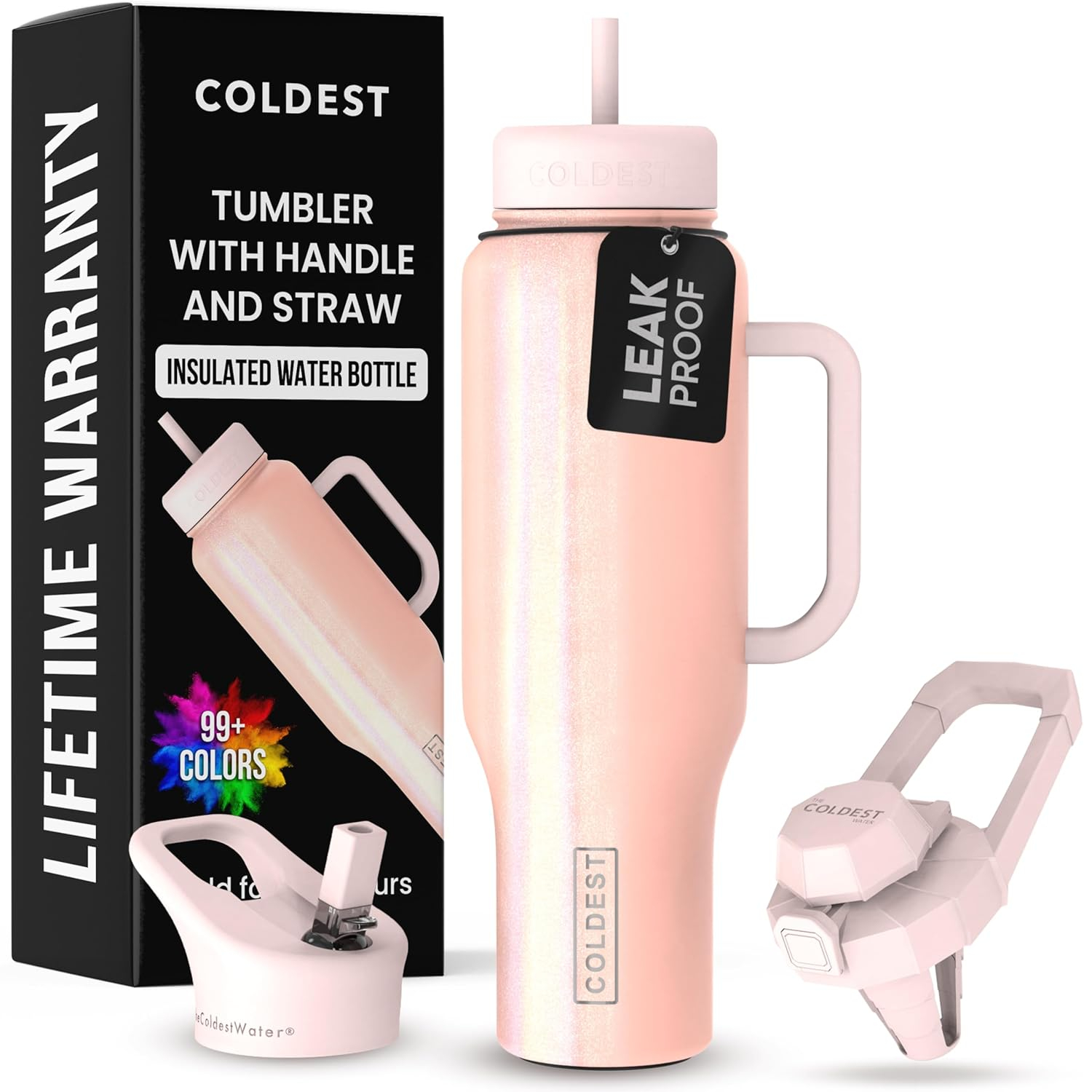 Coldest 40 oz Tumbler with Handle and Straw, 100% Spill Proof Tumbler with Straw (3 Lids), Stainless Steel Insulated Leakproof Tumblers for Women Men, Cup Holder Friendly, 46 oz (Forever Pink Glitter)