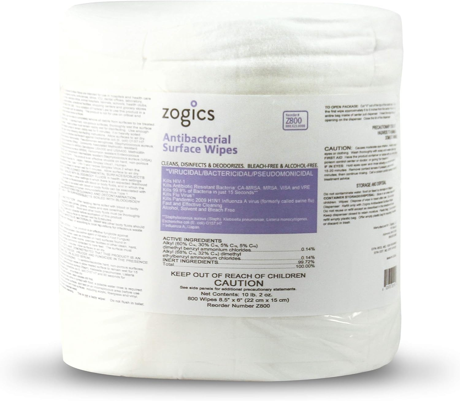 Zogics Antibacterial Bleach-Free Commercial Surface Wipes, 800 Count
