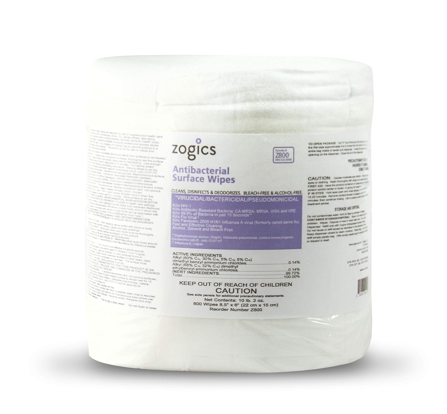 Zogics Antibacterial Bleach-Free Commercial Surface Wipes, 800 Count