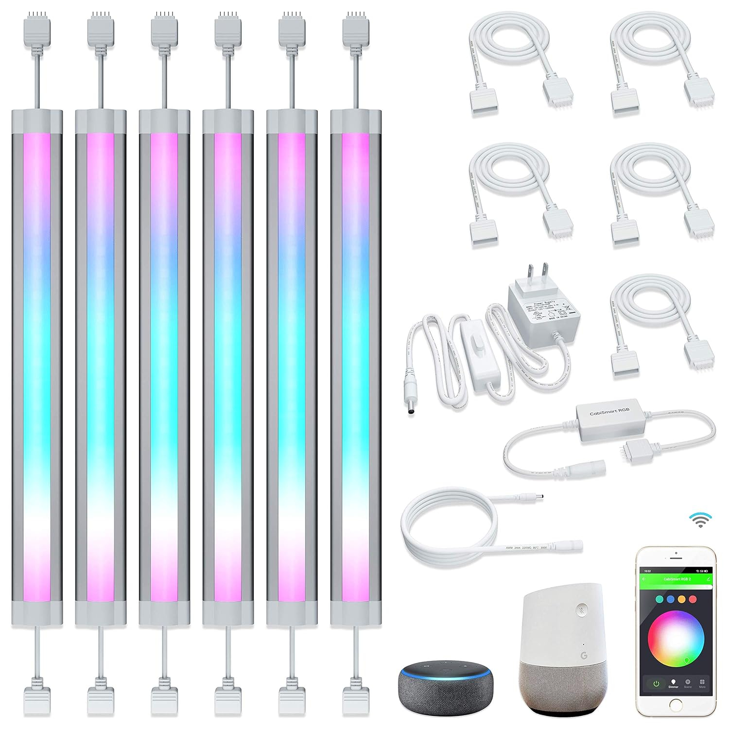 LED Smart Under Cabinet Ligts RGB Multi Color Compatible with Alexa, Google Home Voice Controlled Under Counter Strip Light App Control (6 Lights Bar Kit)