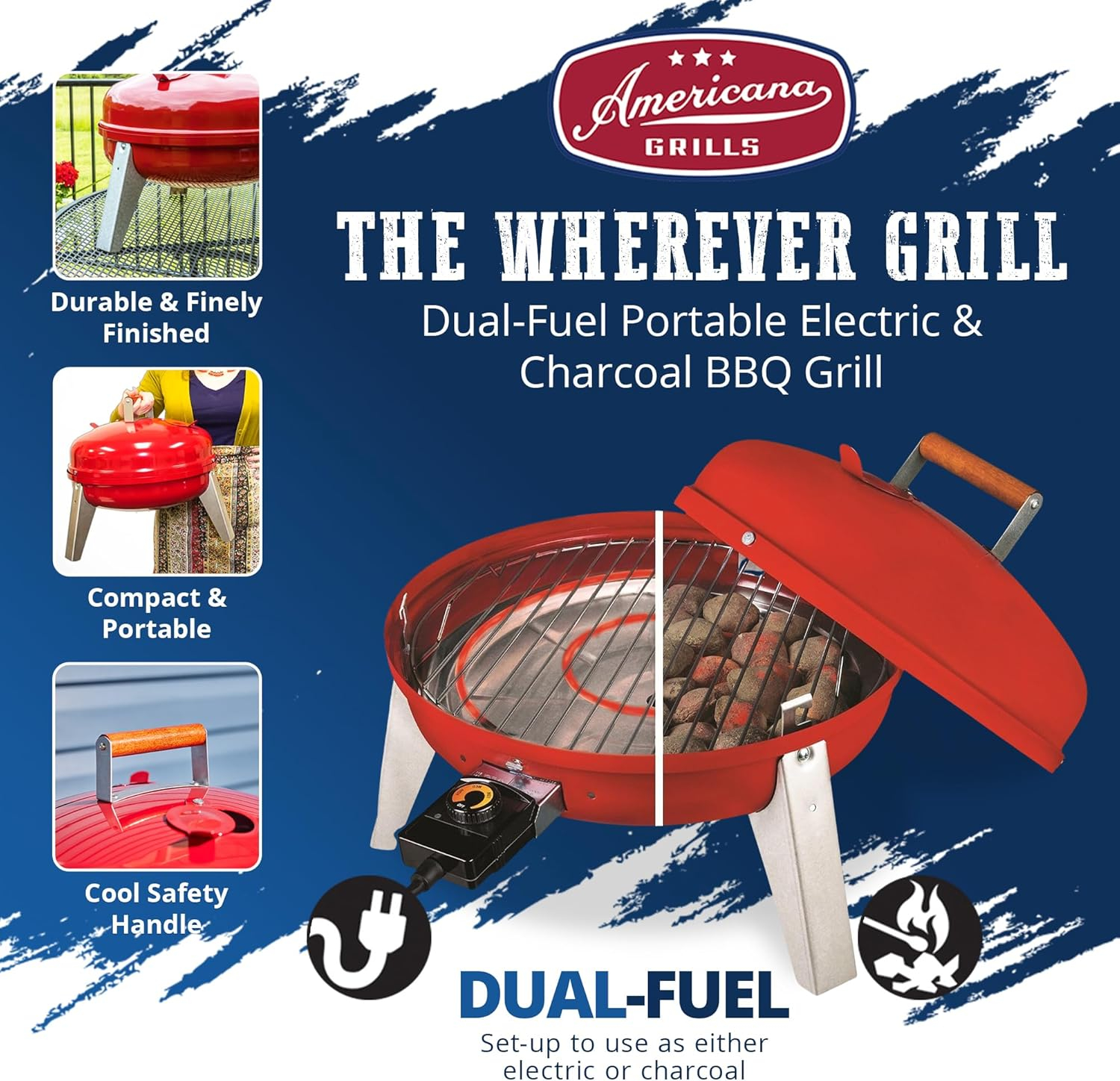 The Wherever Portable Dual Fuel Electric and Charcoal Grill in Red