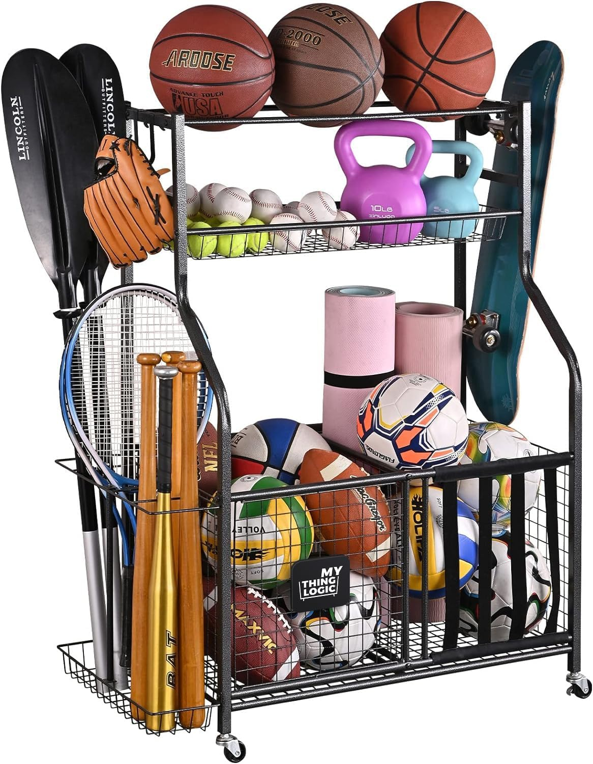 Mythinglogic Garage Storage System, Garage Organizer with Baskets and Hooks, Sports Equipment Organizer for Sports Gear/Toys,Garage Ball Storage
