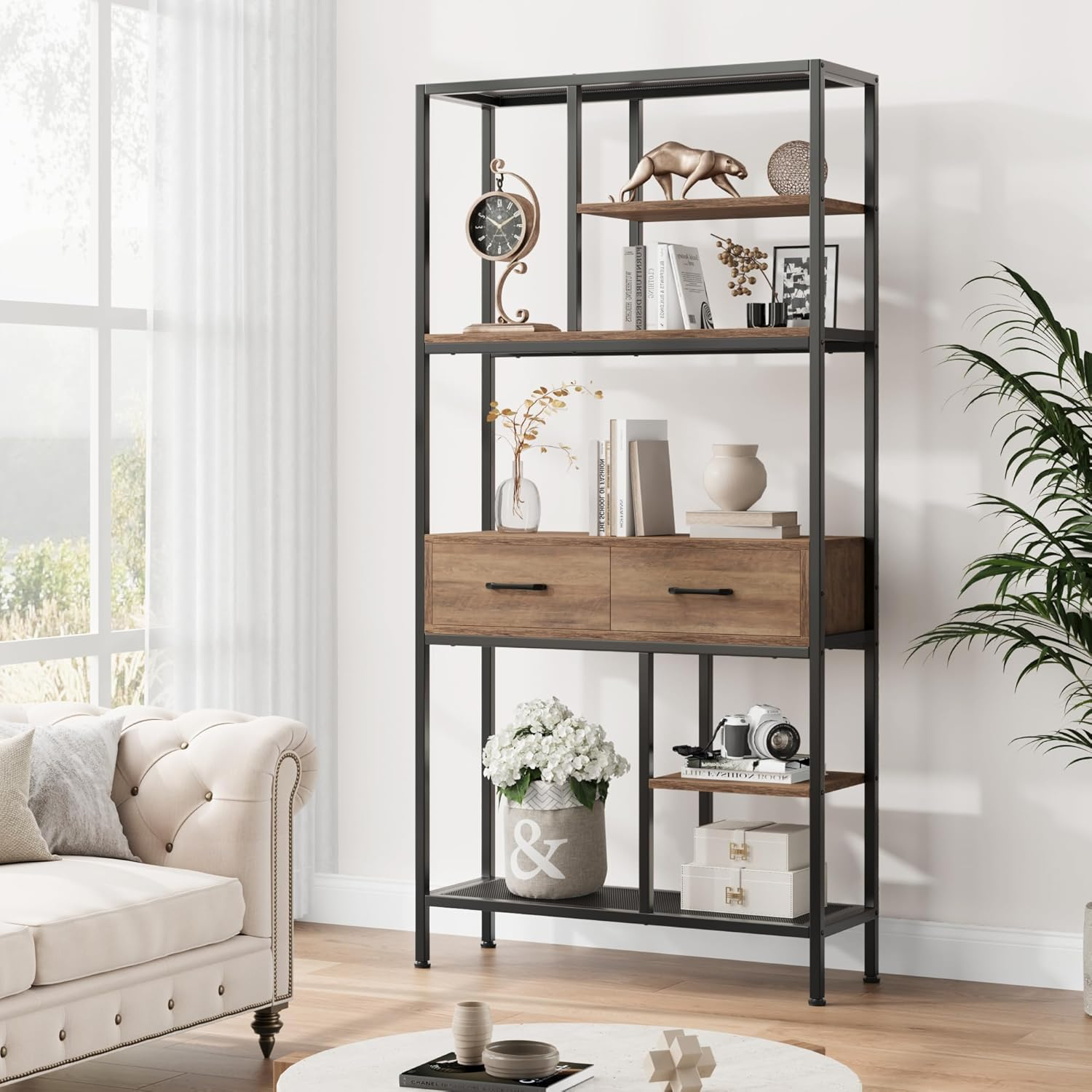 Tall White and Brown Adjustable Baker's Rack with Metal Frame