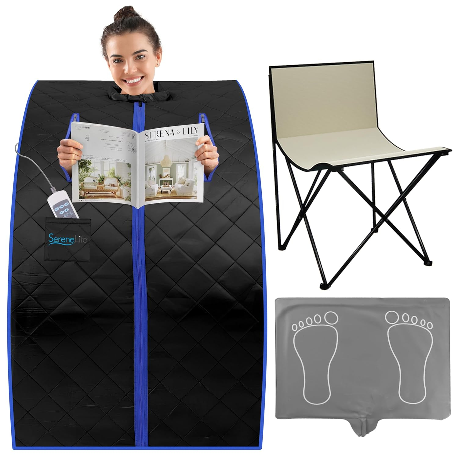 SereneLife SLISAU20BK Oversize Portable Infrared Home Spa One Person Sauna with Heating Foot Pad & Portable Chair