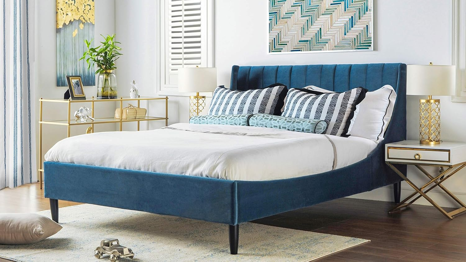 Sandy Wilson Home Aspen Tufted Headboard Platform Bed Queen Satin Teal Velvet
