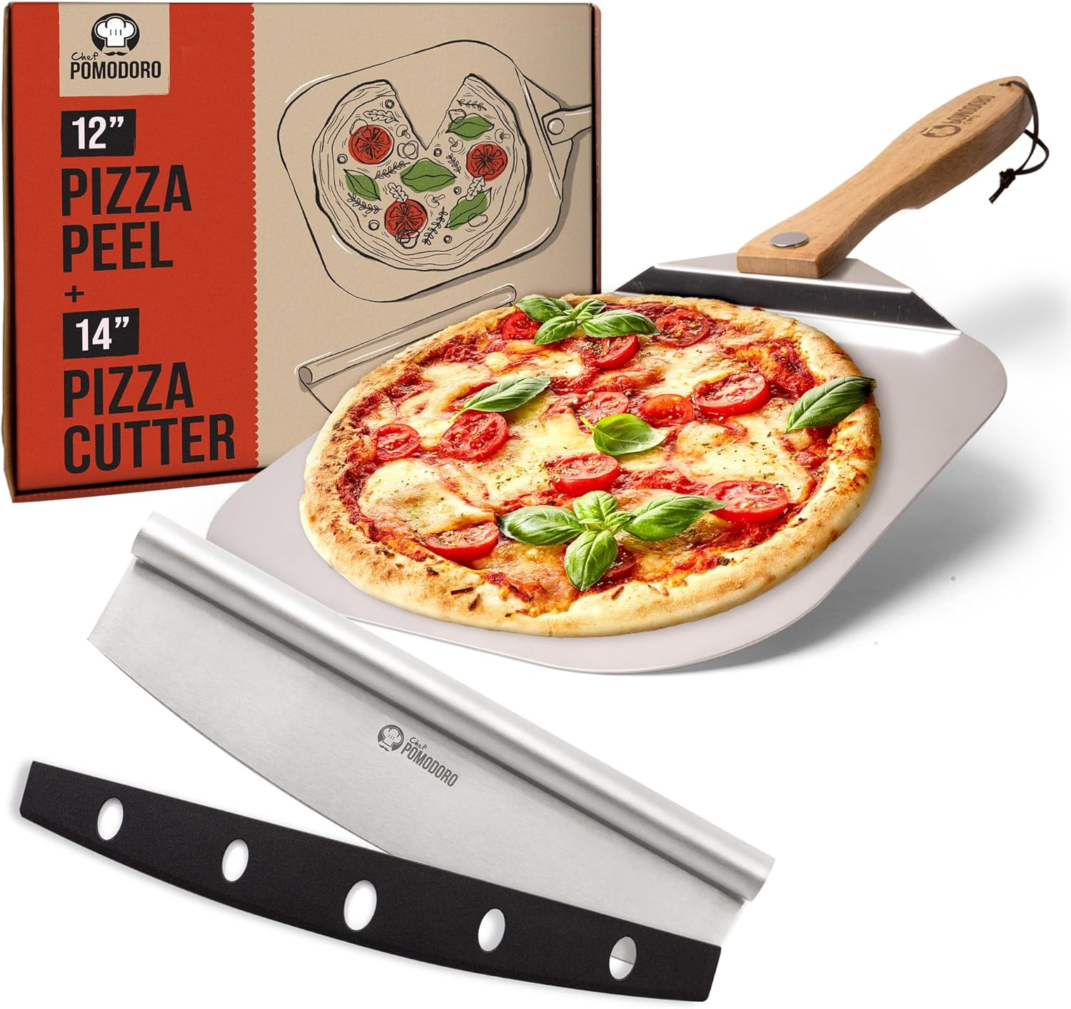 Chef Pomodoro Pizza Peel 12x14" & 14" Stainless Steel Pizza Rocker Cutter Set - Metal Pizza Peel Paddle, Pizza Spatula Paddle, Pizza Cutter Rocker Blade