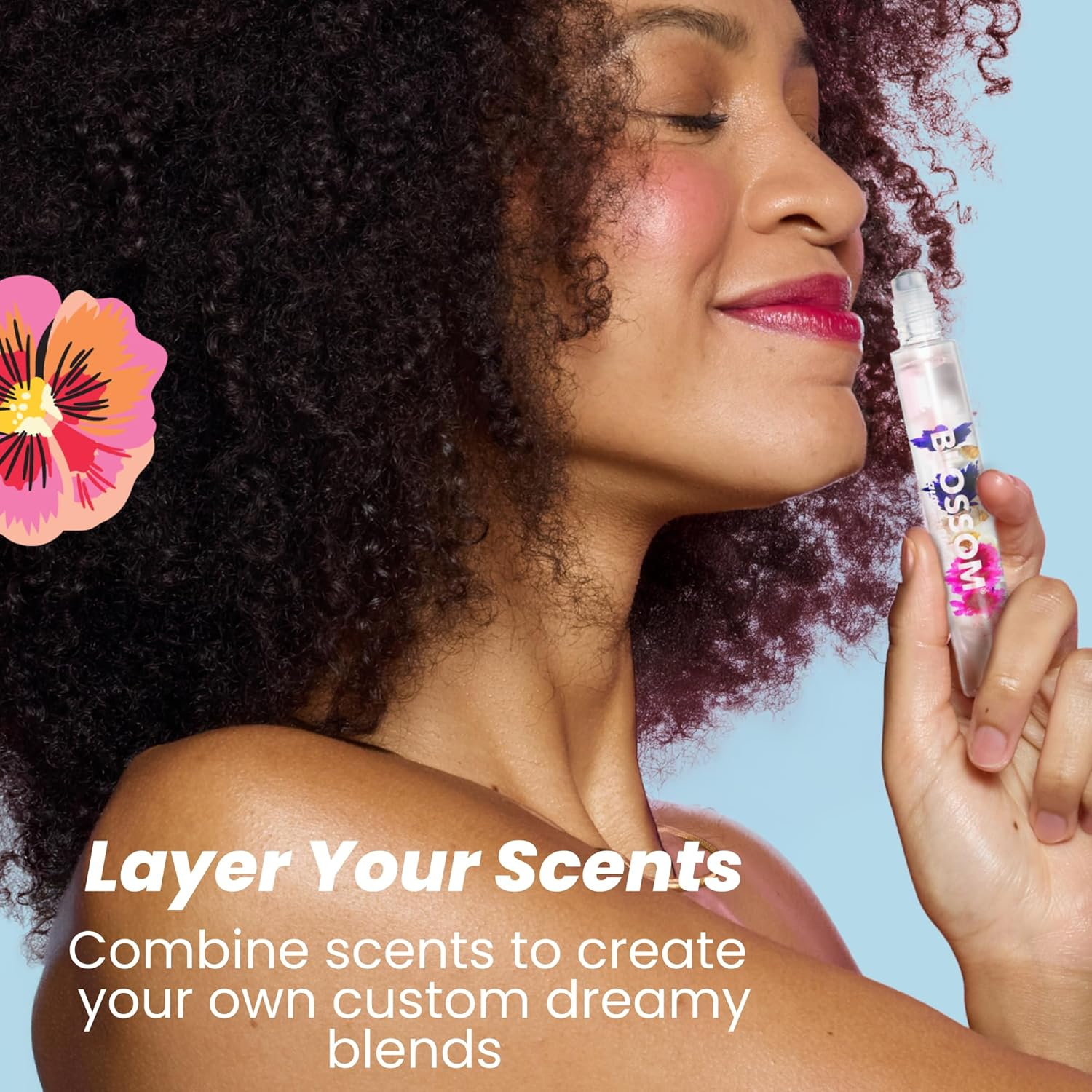 Blossom Roll on Perfume for Women Alcohol Free Rollerball Perfume Oil with Essential Oils, Infused with Real Flowers, Made in USA, 0.3oz, 3 pack Mini Gift Set, Hibiscus/Honey Jasmine/Rose