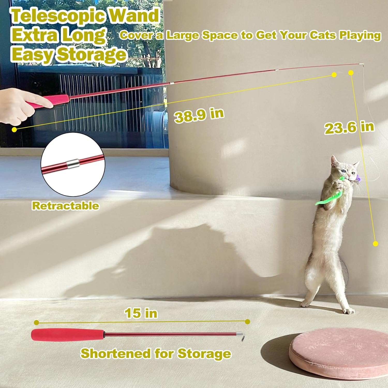 Cat Feather Toy, Retractable Cat Toys Wand 2 Wands & 9 Assorted Teaser Refills, Interactive Feather Teaser Wand Toy Bell Kitt