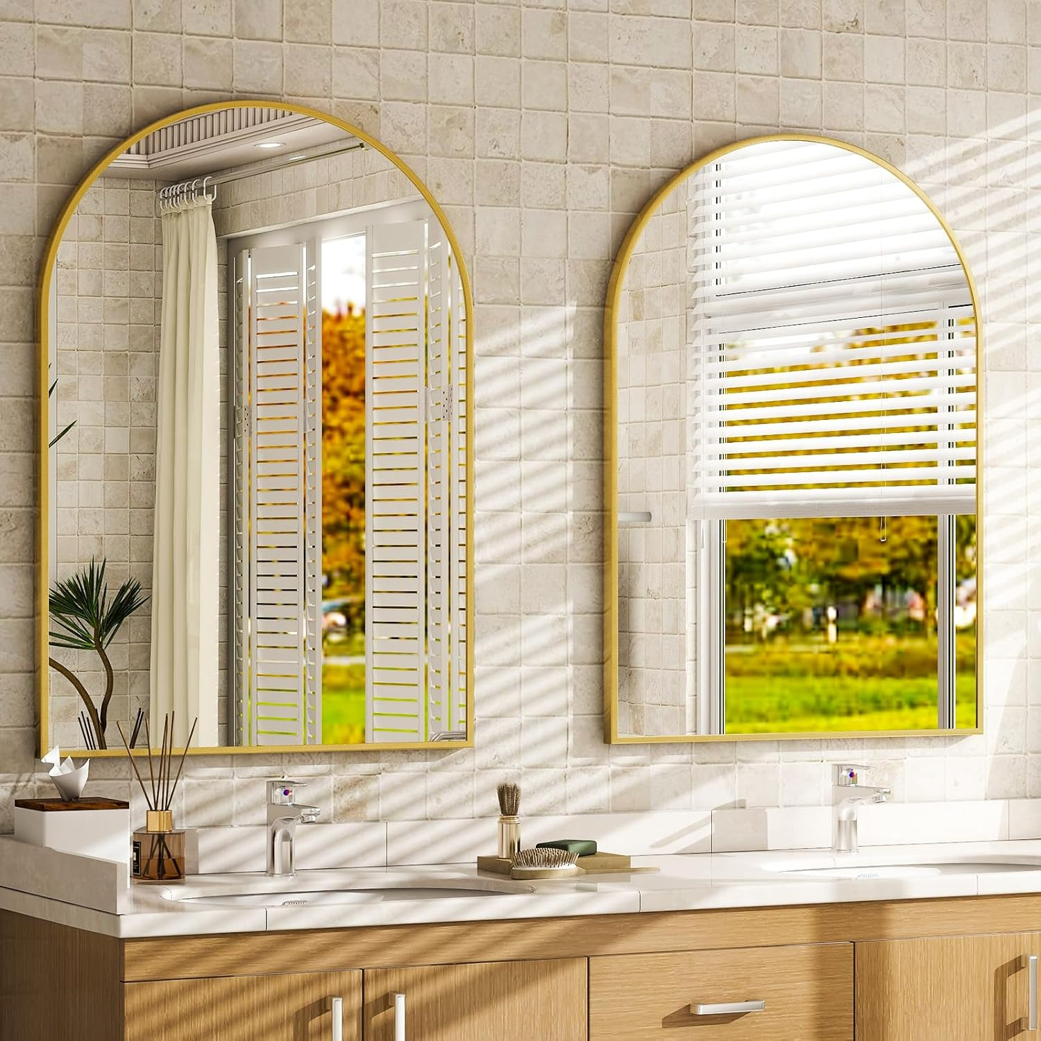 Gold Arched Wall Mounted Aluminum Bathroom Mirror
