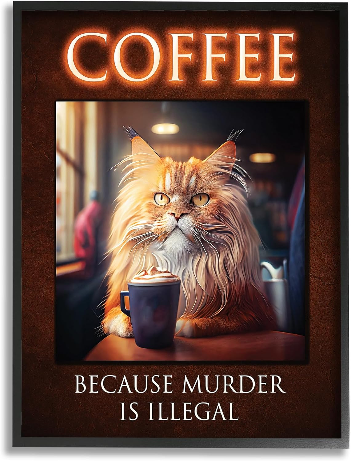 Stupell Industries Divertido Gato Café Frase Animales E Insectos Pintura Negro Enmarcado Arte de Pared, 16 x 20
