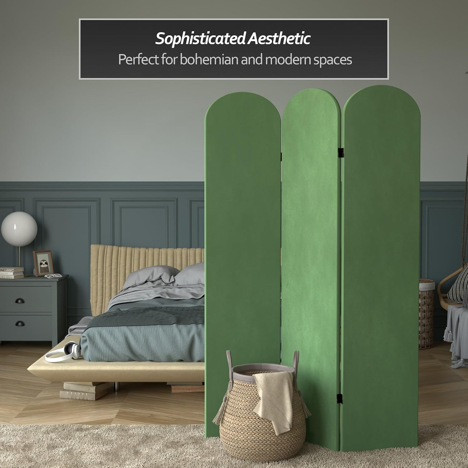 6 ft. Classic Arch Velvet Room Divider Green 3 Panel