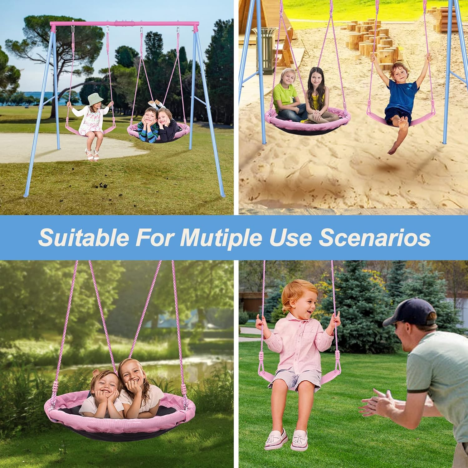Outdoor Swings for Kids, 440lbs, Heavy-Duty A-Frame Metal Outdoor Swing Stand, 1 Saucer & 1 Belt Swing Seat for Playground, Backyard Blue