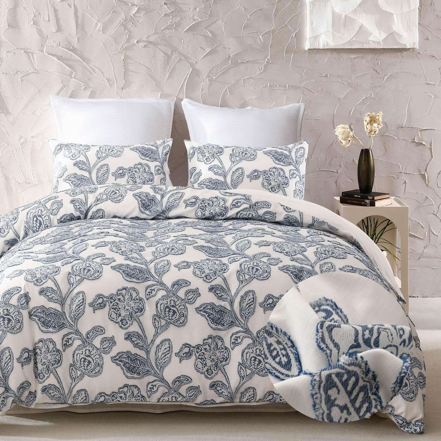 Queen Blue Cotton Jacquard Floral Duvet Cover Set
