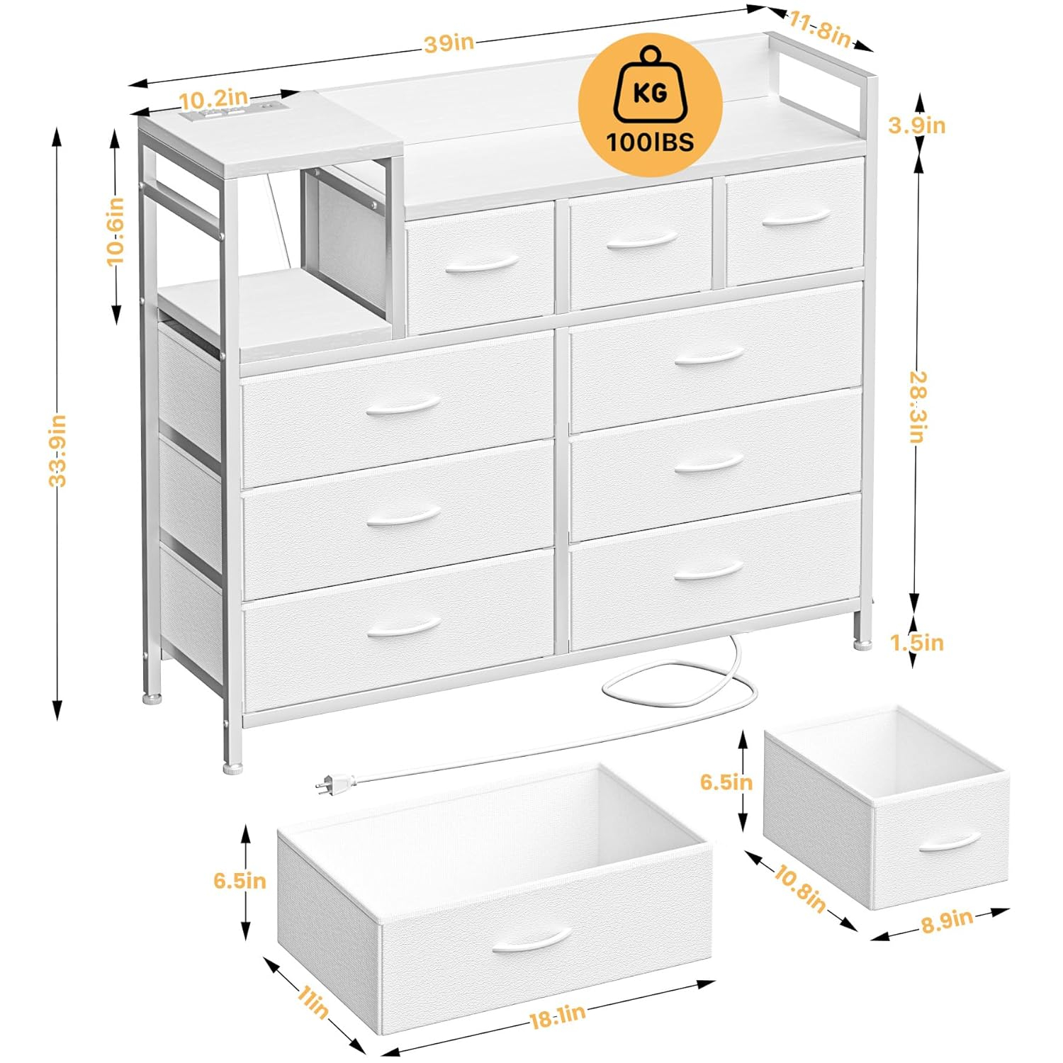 Dresser TV Stand with Power Outlet, Bedroom Dresser with 9 Drawers, Chest of Drawers for Living Room, Hallway(Rustic Brown)