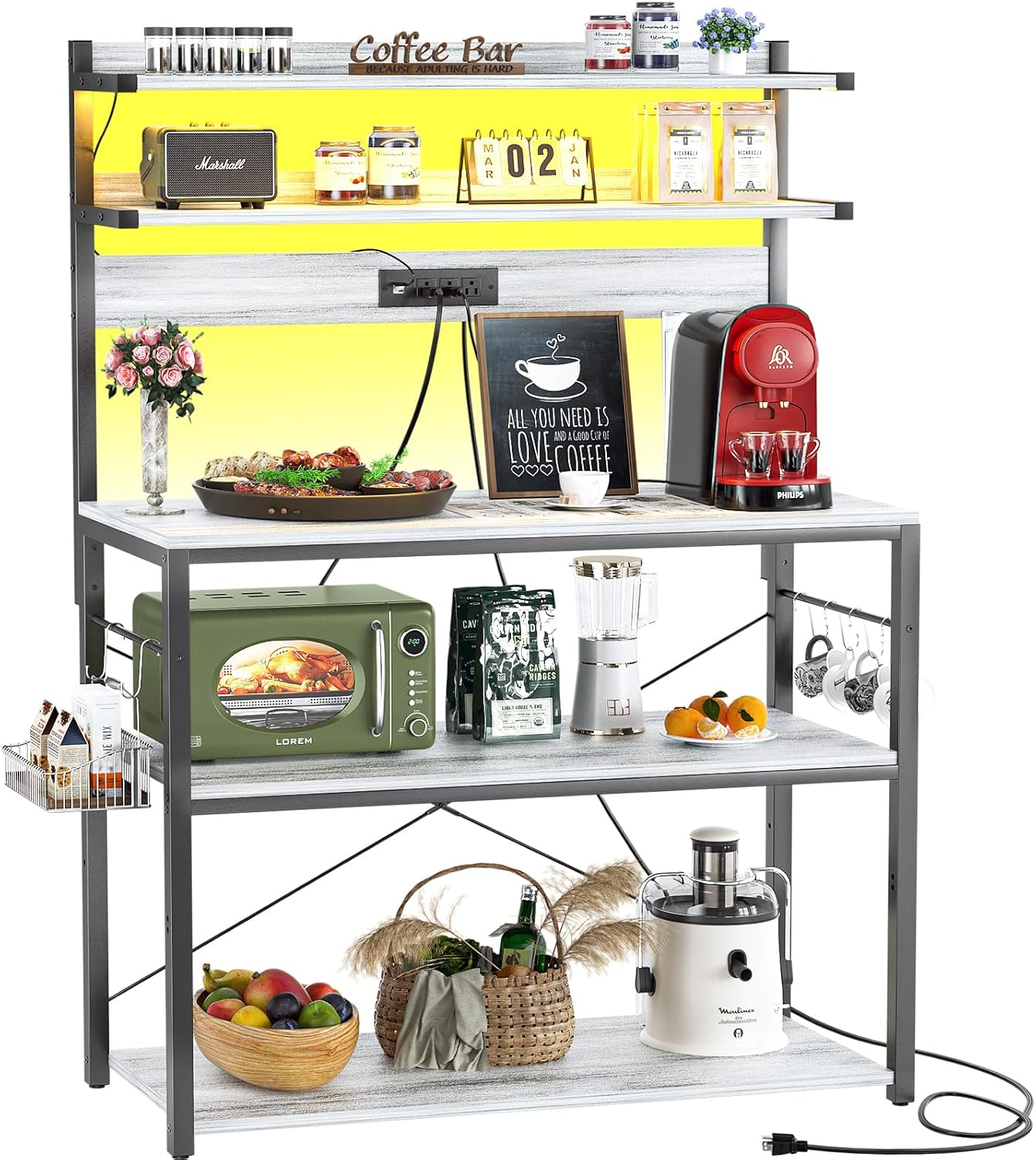 White Oak Kitchen Bakers Rack with LED Lights and Power Outlets