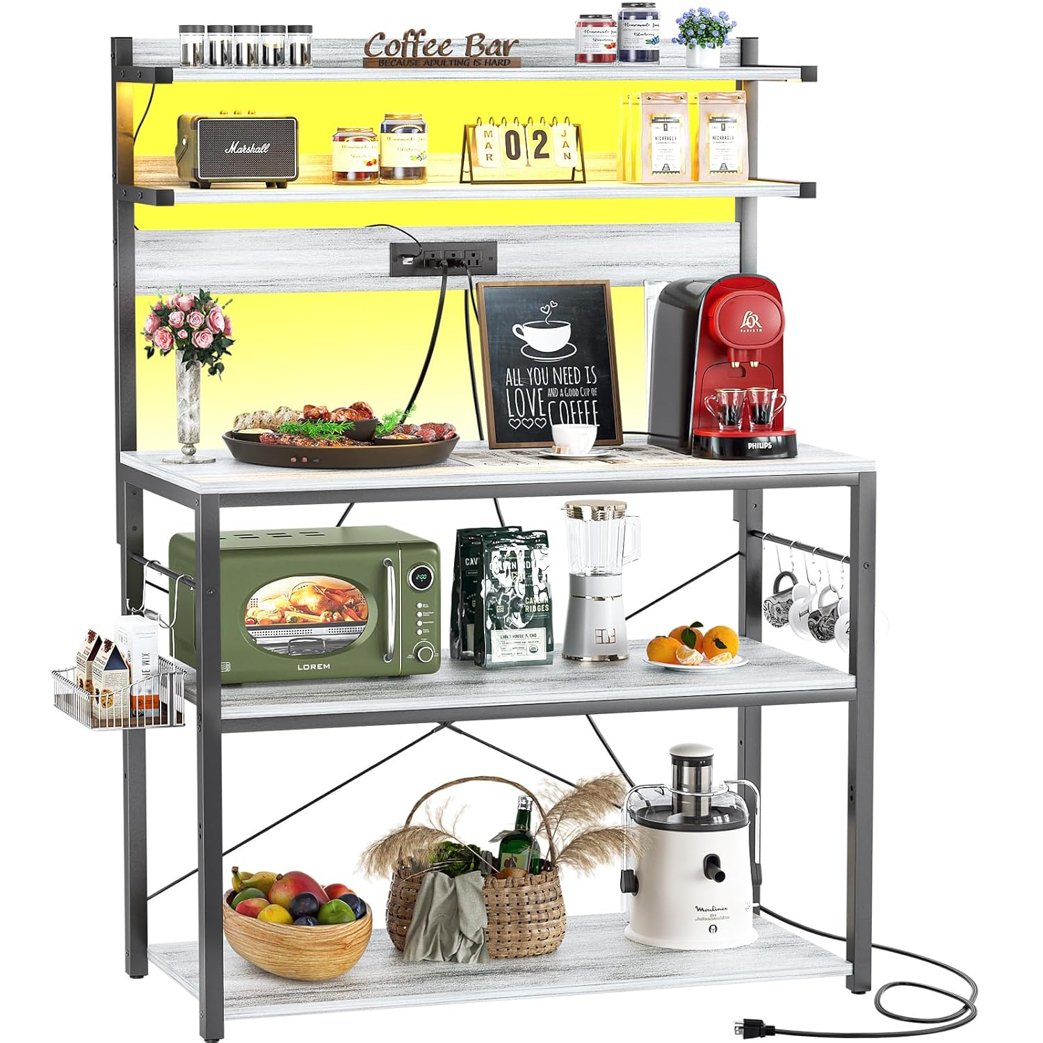 Aheaplus Bakers Rack with Power Outlet, Microwave Stand, 5 Tiers Coffee Bar Station with Led Lights, Kitchen Storage Shelf with 6 S-Shaped Hooks, Kitchen Rack Coffee Bar Stand, White Oak