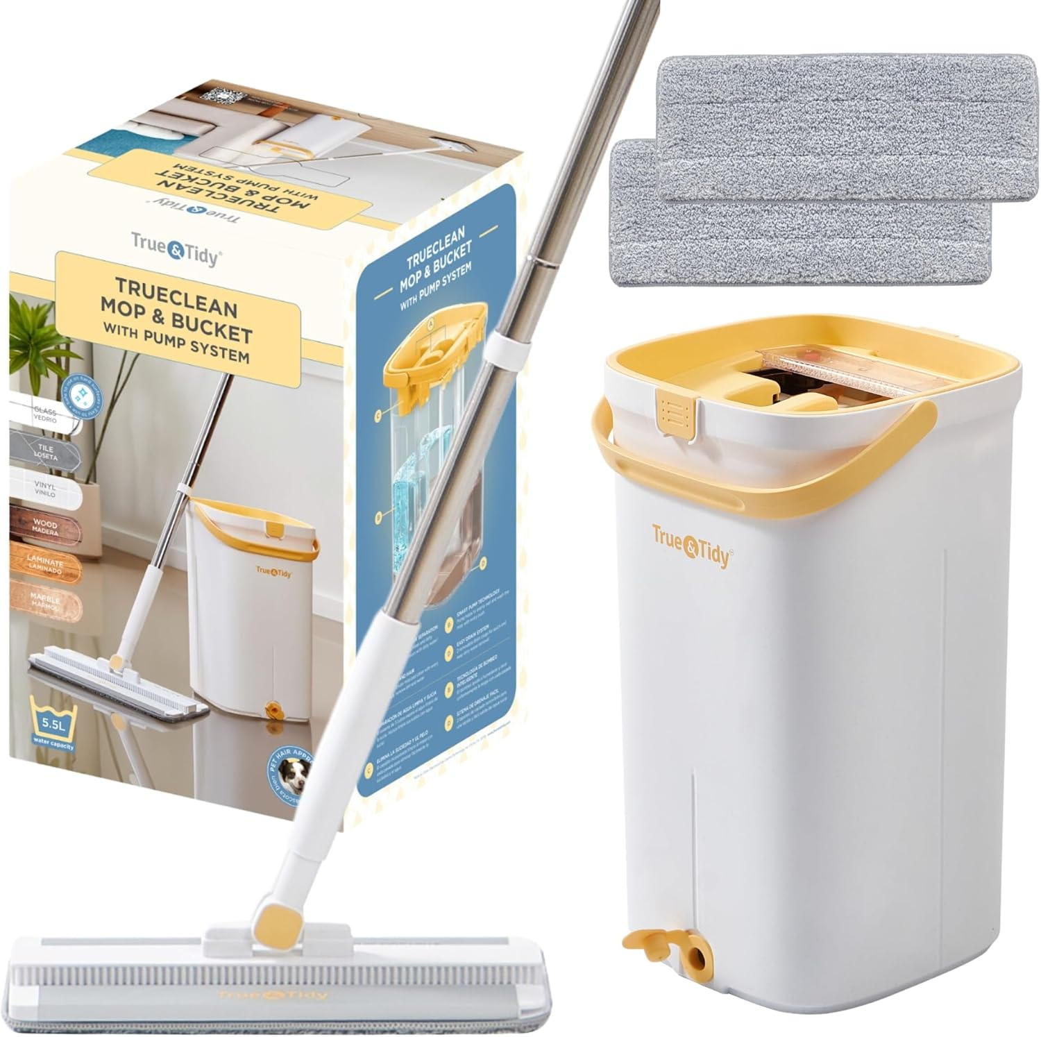 True & Tidy® TrueClean Mop & Bucket Spin Mop Pump System, Patent Pending 3 Compartments Separate Clean & Dirty Water, Hands-Free Self-Wringing Aluminum Head, Machine Washable Pads, in Gift Box