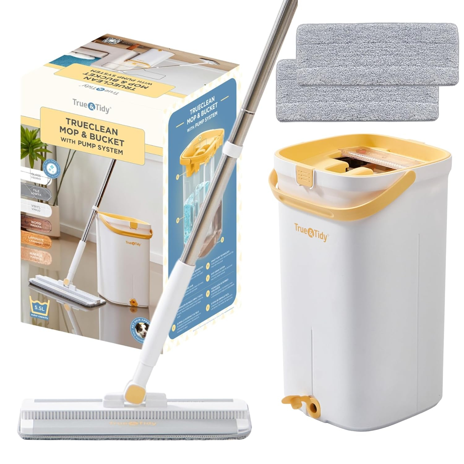 True & Tidy® TrueClean Mop & Bucket Spin Mop Pump System, Patent Pending 3 Compartments Separate Clean & Dirty Water, Hands-Free Self-Wringing Aluminum Head, Machine Washable Pads, in Gift Box